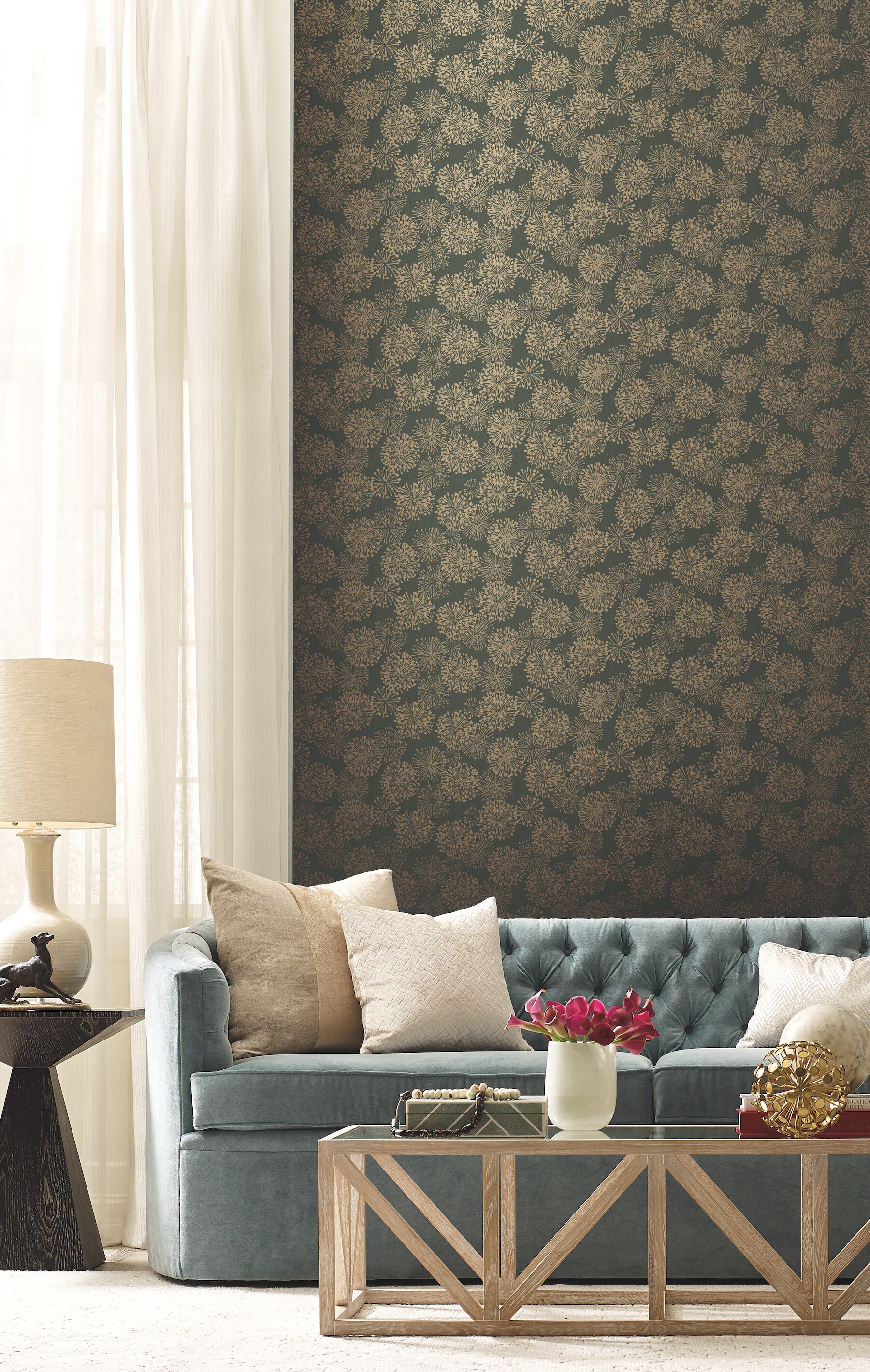 York Wallcoverings NA0582 Candice Olson Botanical Dreams 60.8-Sq. Feet Gold Non-woven Floral Unpasted Wallpaper