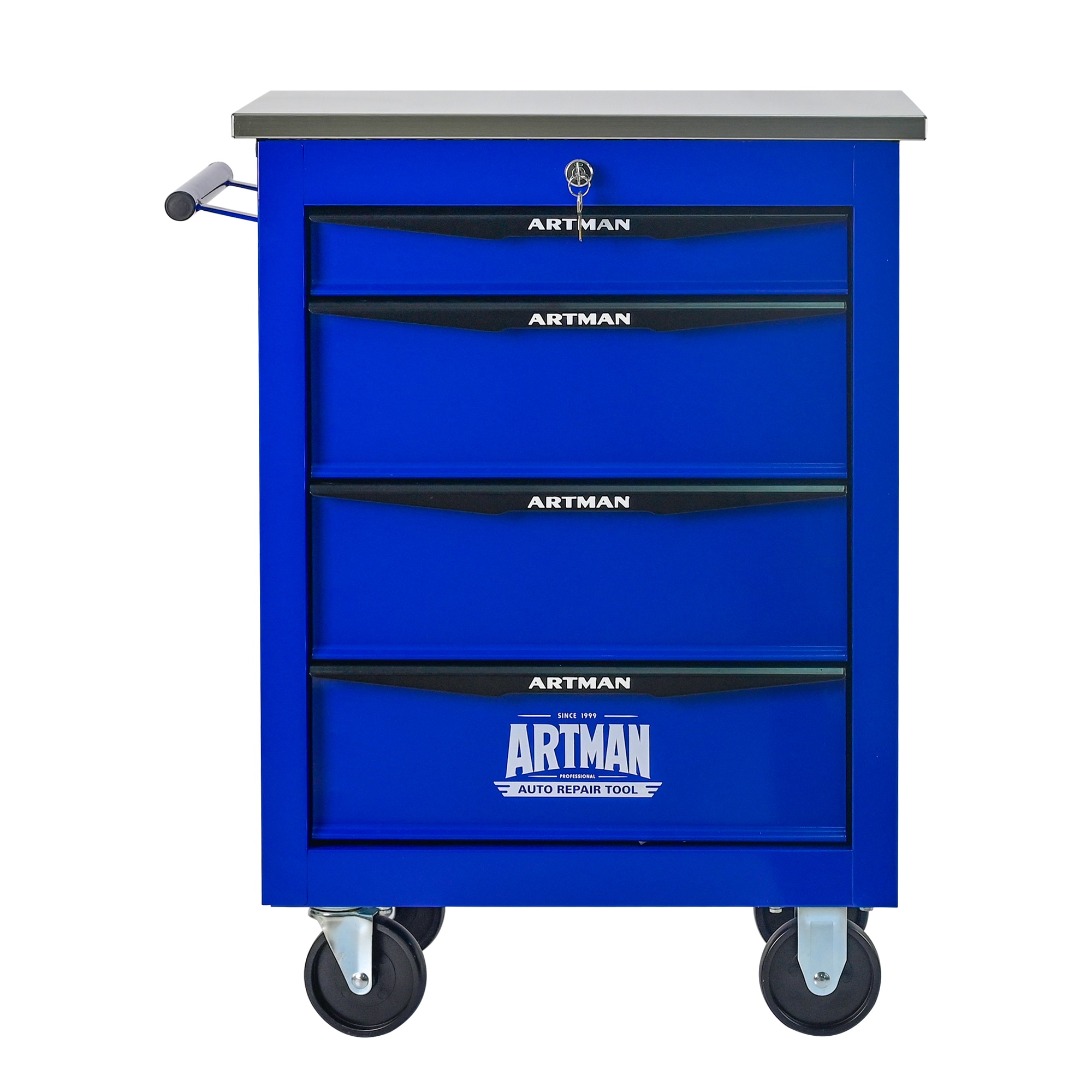 GDFStudio 344196 4 Drawers Multifunctional Tool Cart with Wheels Metal Rolling Tool Cart Storage For Garage Workshop Warehouse Repair Shop with Stainless Steel Roof Black and Blue
