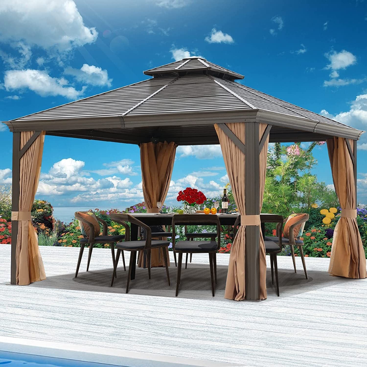 SANSTAR LRS-2005-BN 12-ft x 12-ft gazebo Brown with Hardtop Roof (Screen Included)