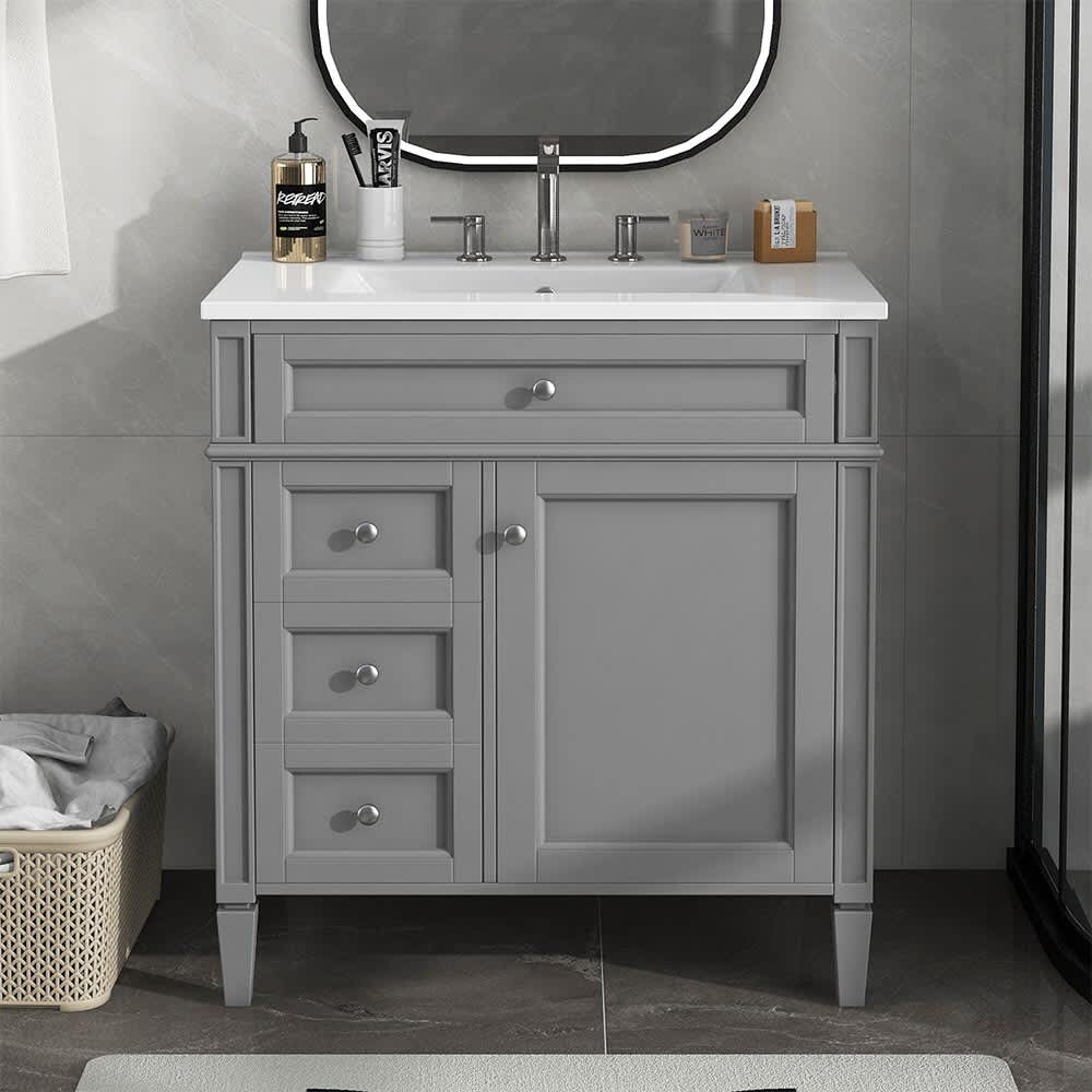 JUJABU ZJVANITY-11 Gray 30inch Bathroom Vanity with Top Sink Modern Bathroom Storage Cabinet with 2 Drawers and a Tip-out Drawer