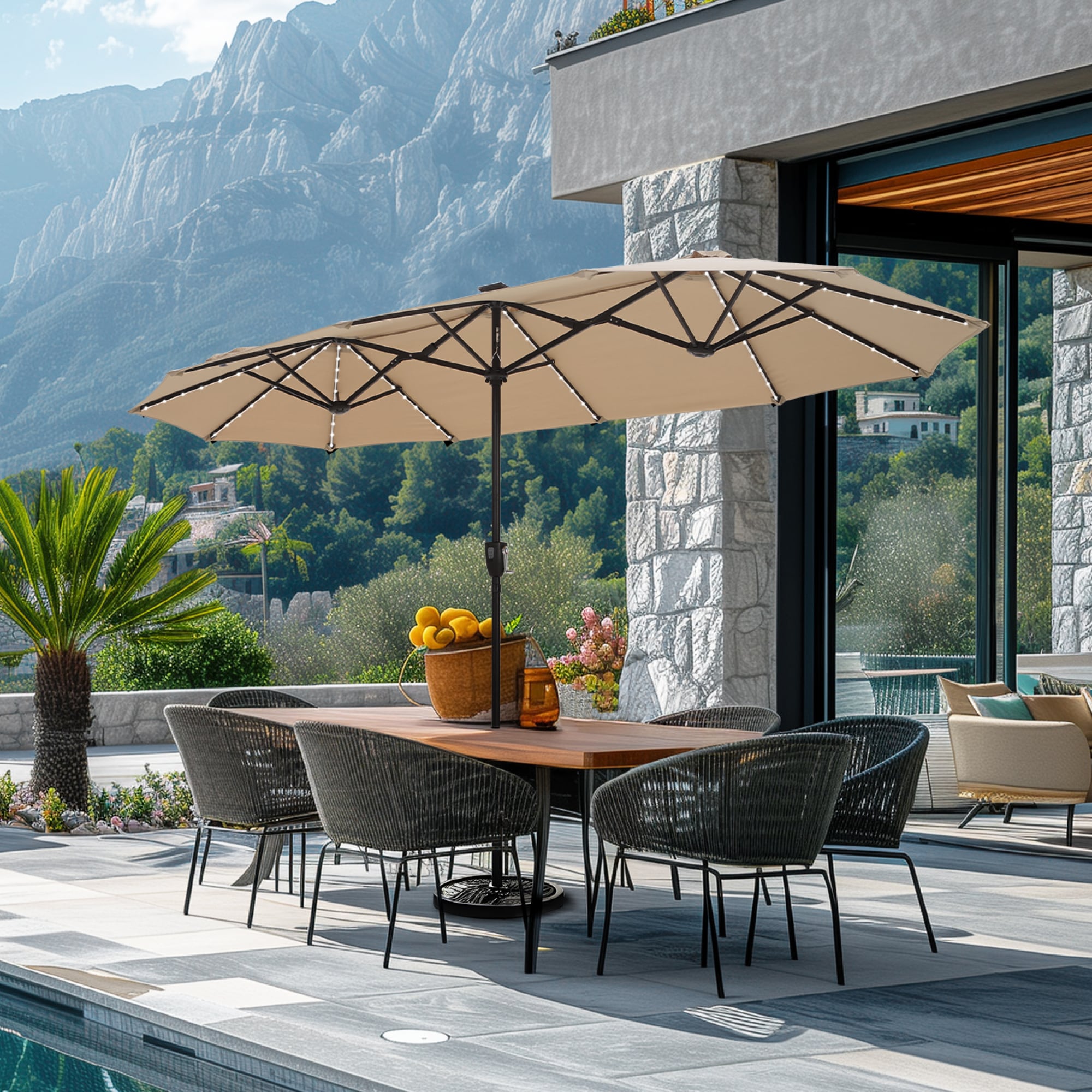 Sunshine Valley 13-ft Steel Beige No-tilt Market Patio Umbrella with Lights #E02GM029-M