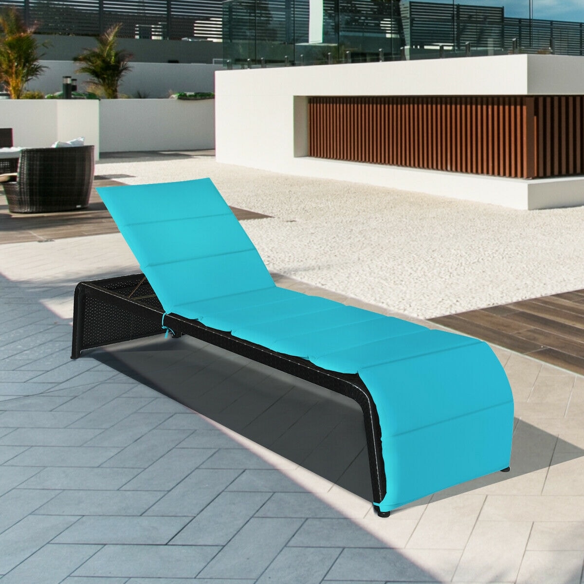 CASAINC WF-OP70528-2NY Adjustable Patio Rattan Lounge Chair with Cushioned Rattan Blue Rattan Frame Stationary Recliner Chair with Blue Cushioned Seat