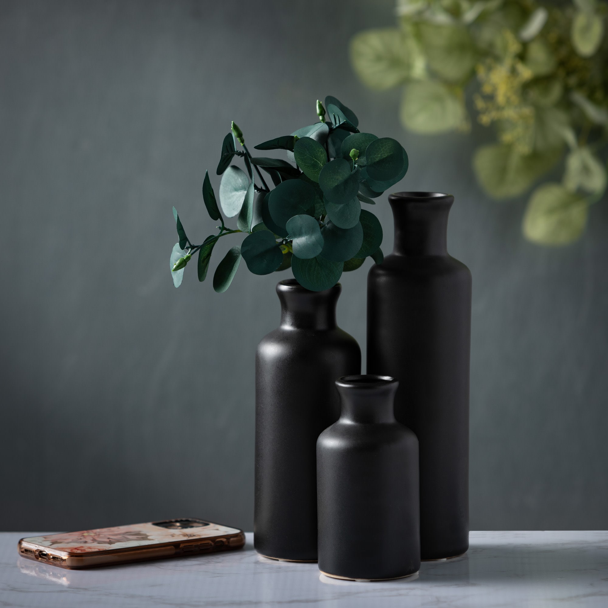 Modern Matte Black Ceramic Vase Trio for Elegant Table Decor