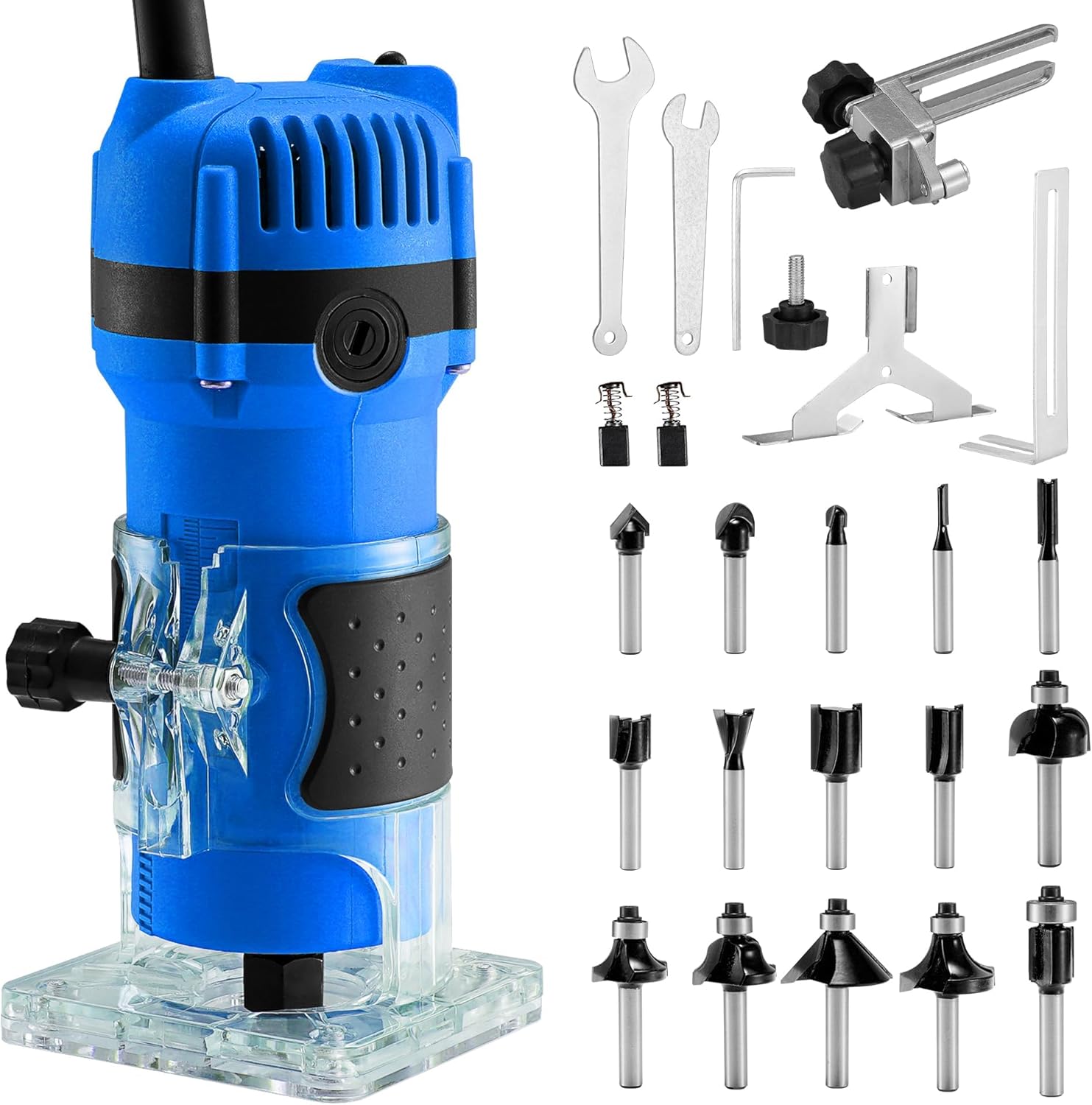 Silvel KF370013-03A Wood Router 800W Wood Routers for Woodworking 6.5Amp 1.25HP Hand Wood Router Tool 30000R/MIN Compact Edge Trimmer with 15 1/4 Router Bit Set Blue KF370013-03A