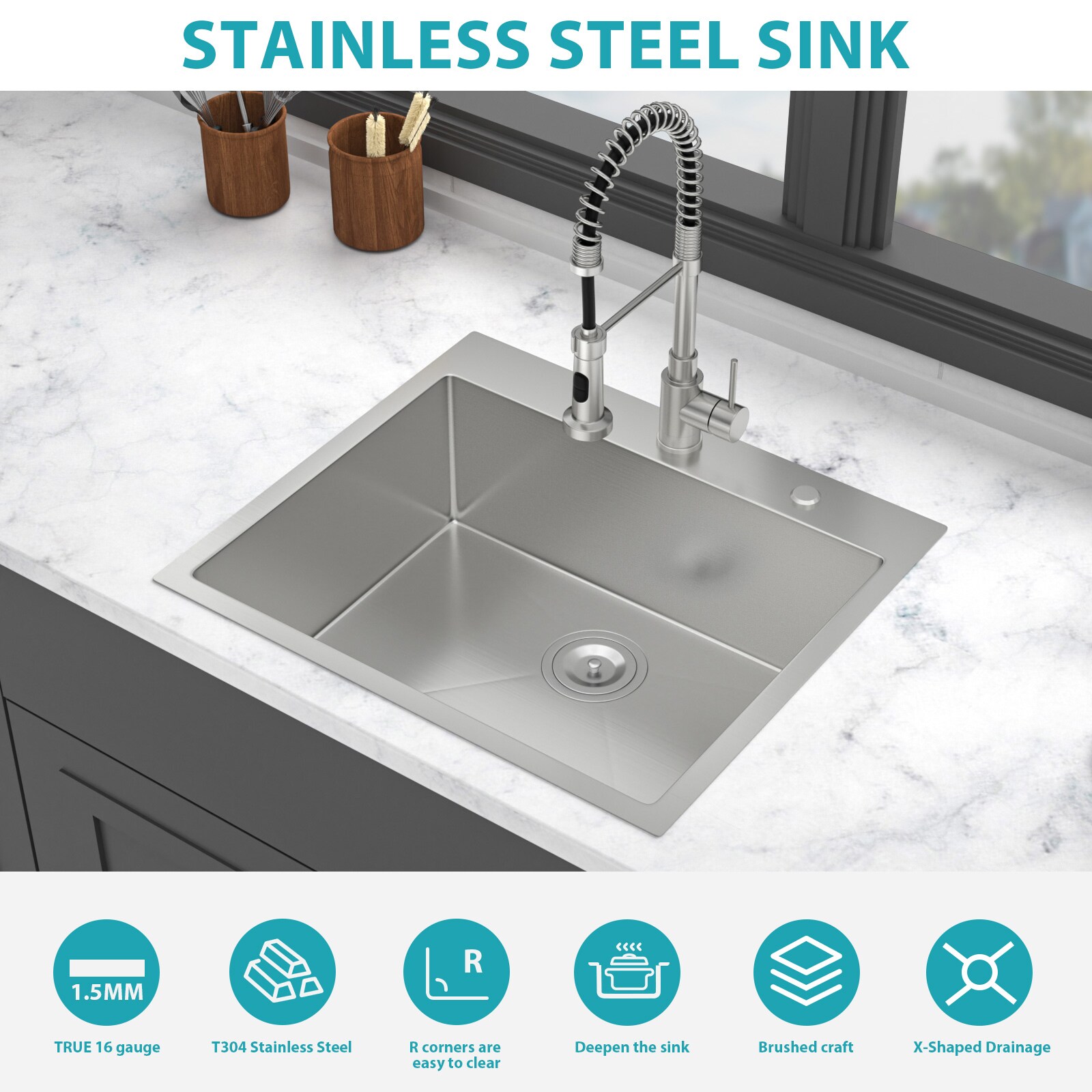 Huluwat 25 x 22 x 9 inch Kitchen Sink Drop In 16 Gauge Stainless