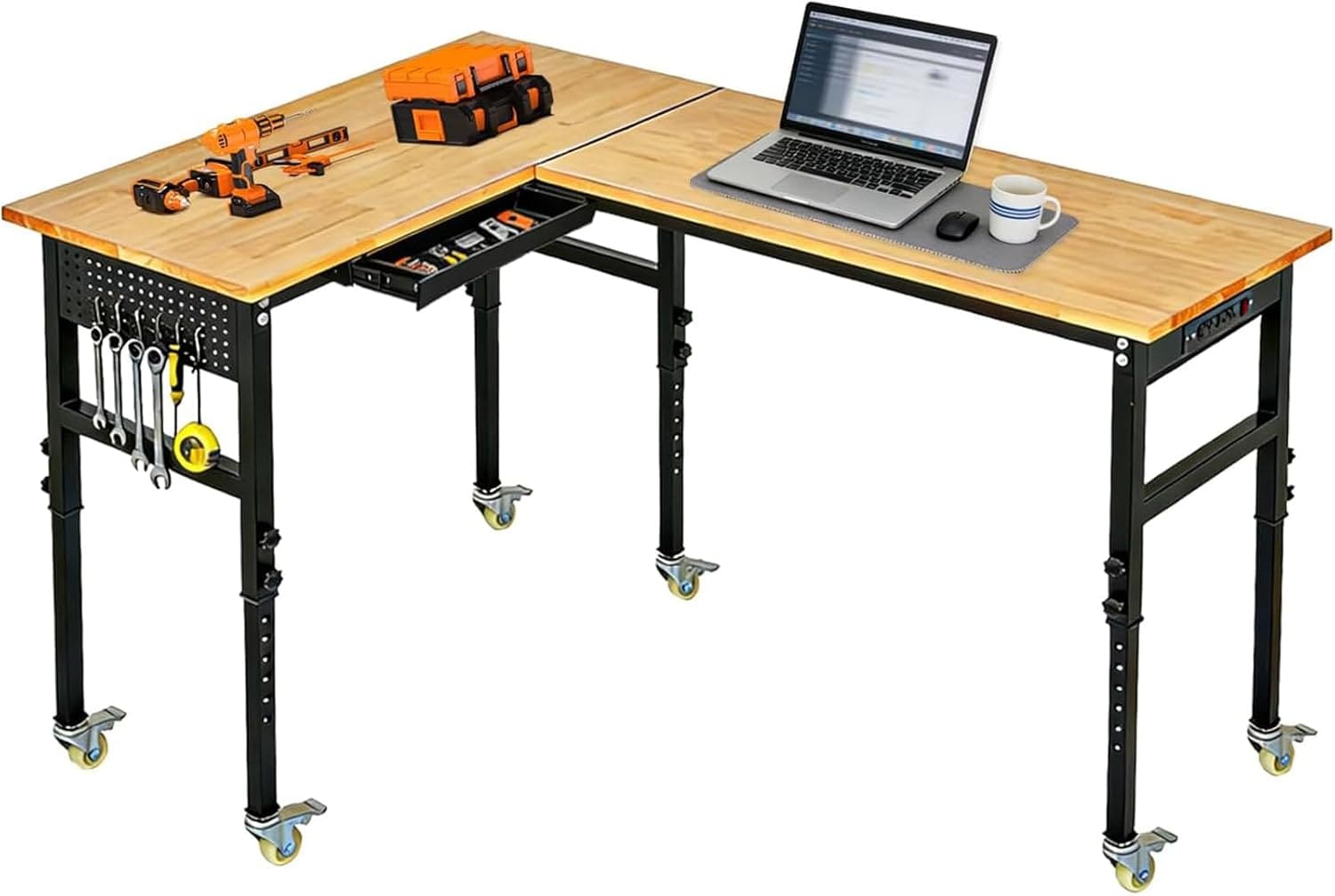 GAOMON 60 + 60 Inch L Shaped Workbench with Wheels Heavy Duty 2000 LBS Garage Work Table Adjustable Height Power Outlet Drawers Pegboard Rubber Wood Top Workshop Desk