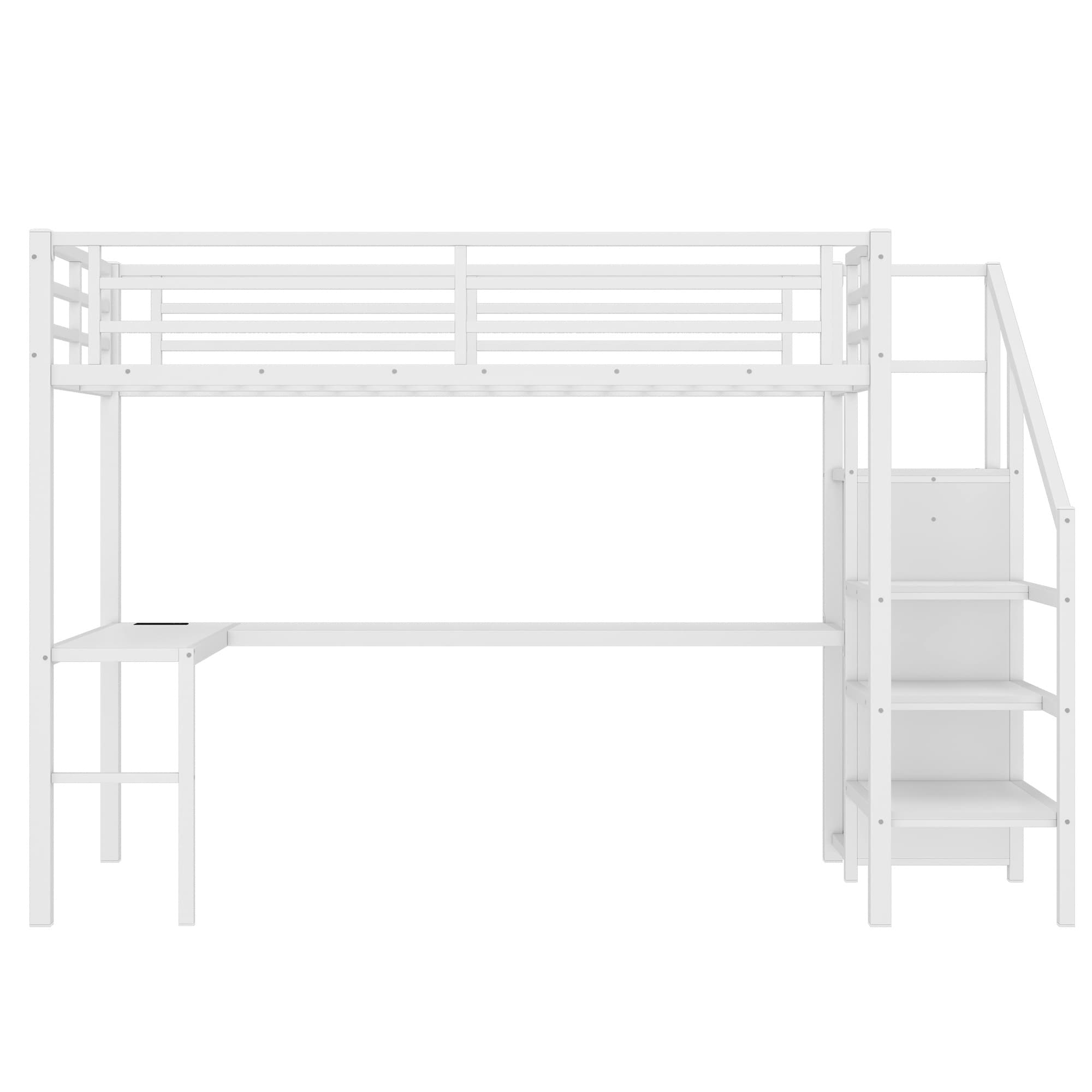 Horizons Prime Twin XL White Metal Loft Bed with L-shaped Desk and USB with Wardrobe and Adjustable Shelf