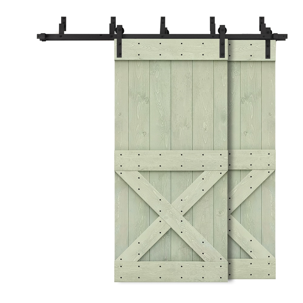 CALHOME 6BP+MK96+(2)011-48LG 96-in x 84-in Sage Green Knotty pine Wood Solid core Double Bypass Barn Door (Hardware Included)