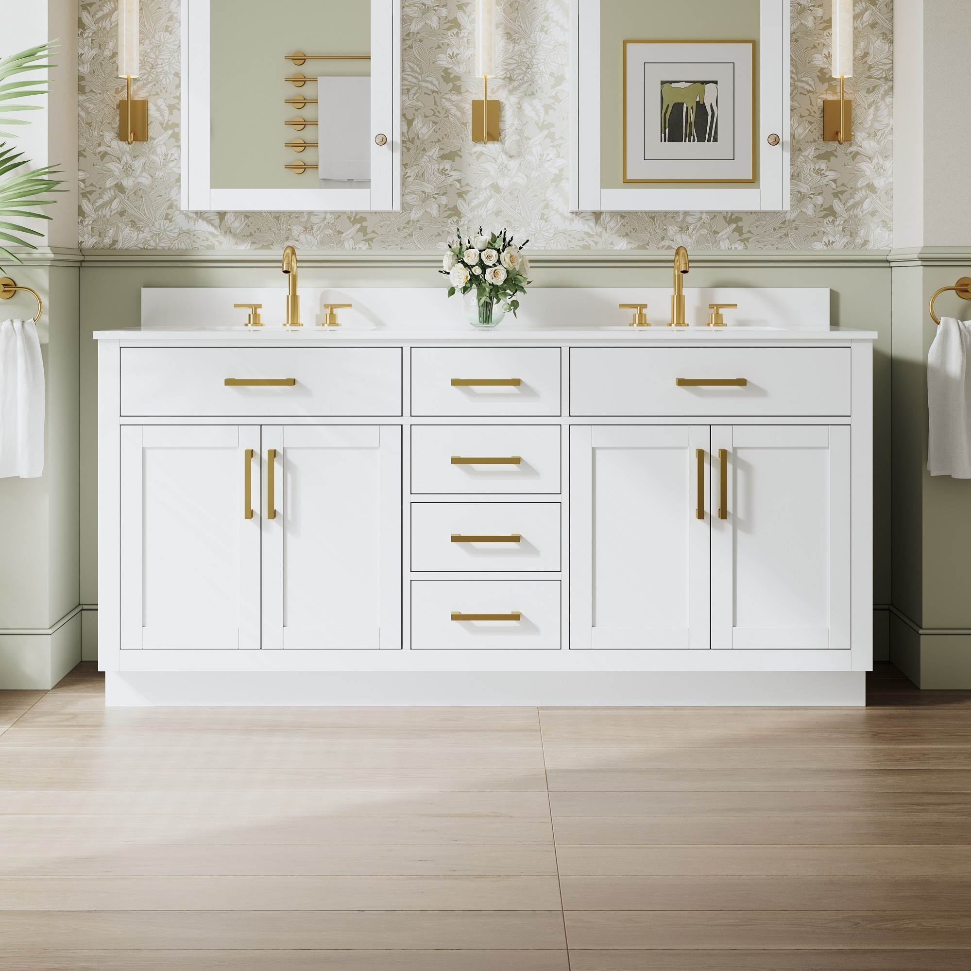 WELLFOR - NORA Solid Wood Freestanding 72-in White Undermount Double Sink Bathroom Vanity with Pu...