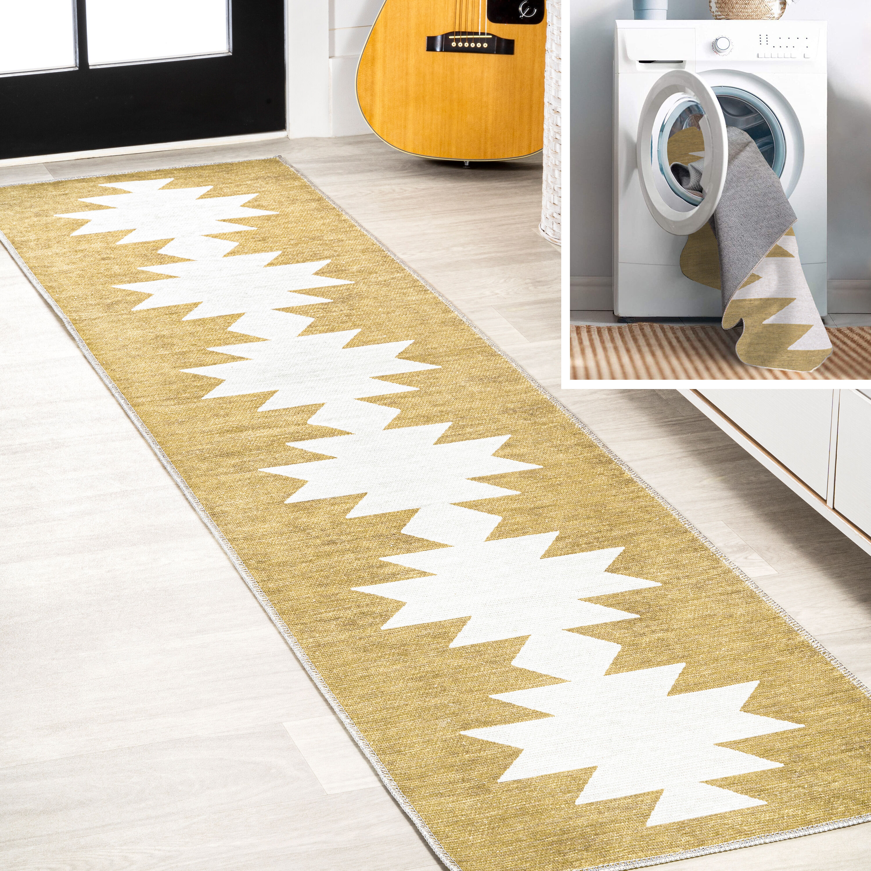 JONATHAN  Y WSH110B-28 WASHABLE Chayton Minimalist 2 x 8 (ft) Loomed Polypropylene Yellow/Cream Rectangular Indoor Tribal Southwestern Machine washable Runner rug