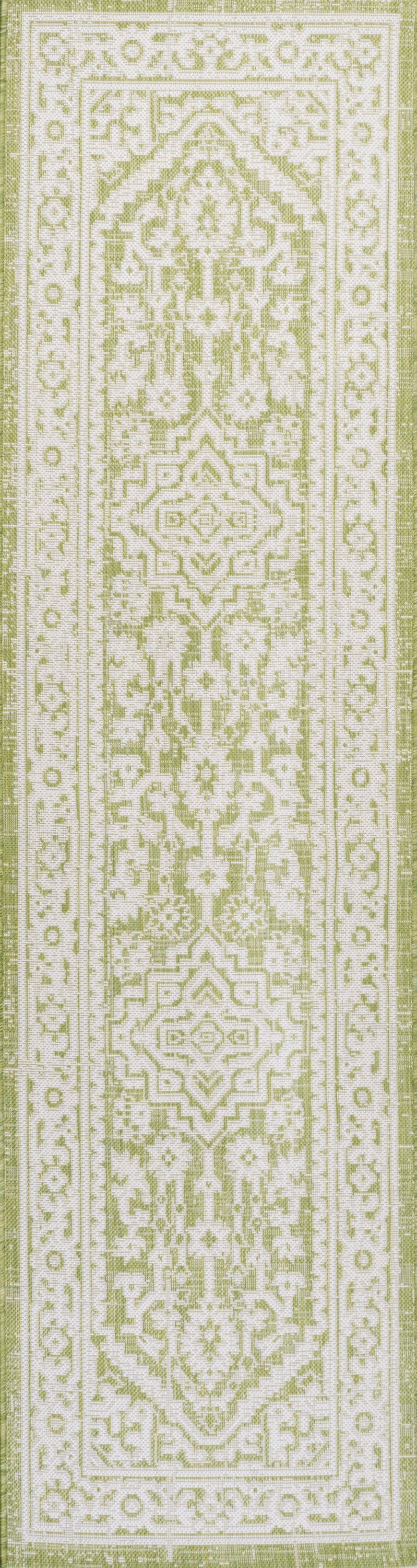 Sinjuri Green and Cream Medallion Flatweave Runner Rug