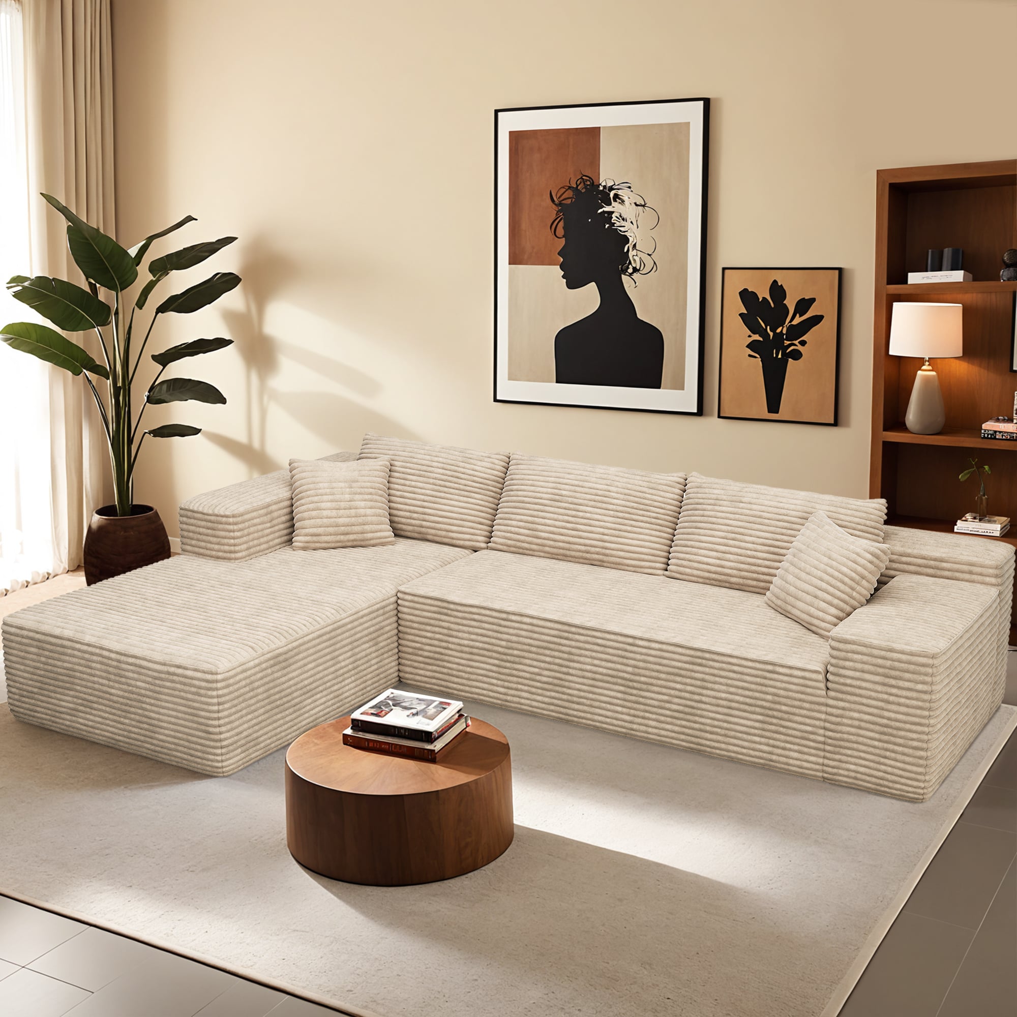 Ovios OVIVIL2402 104.33-in W Modern Beige(Plush Corduroy)-Left Chaise 3-seater Sofa