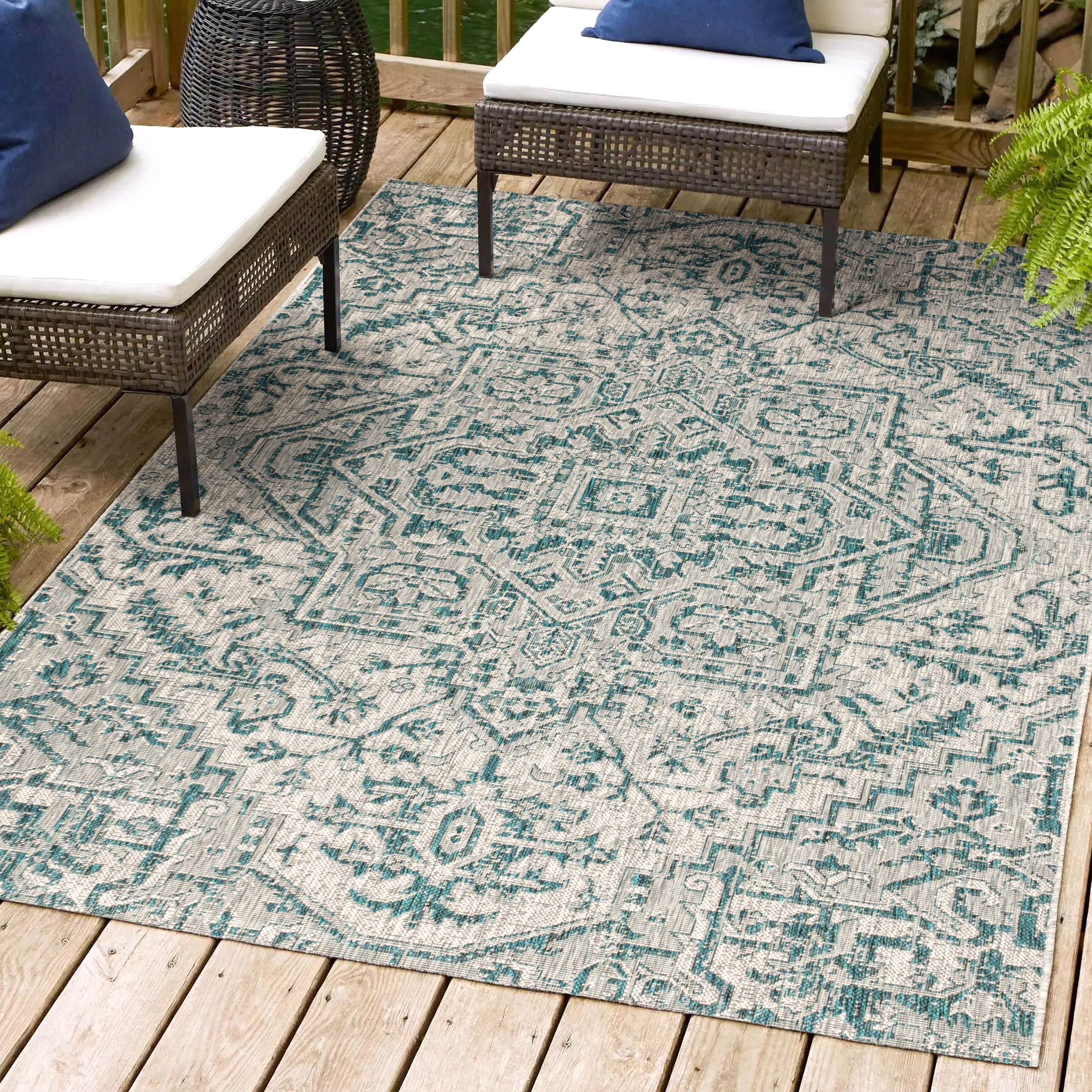 JONATHAN  Y SMB105C-8 Santa Monica Estrella Textured Weave 8 x 10 (ft) Loomed Polypropylene Teal/Gray Rectangular Indoor/Outdoor Border Coastal Area rug