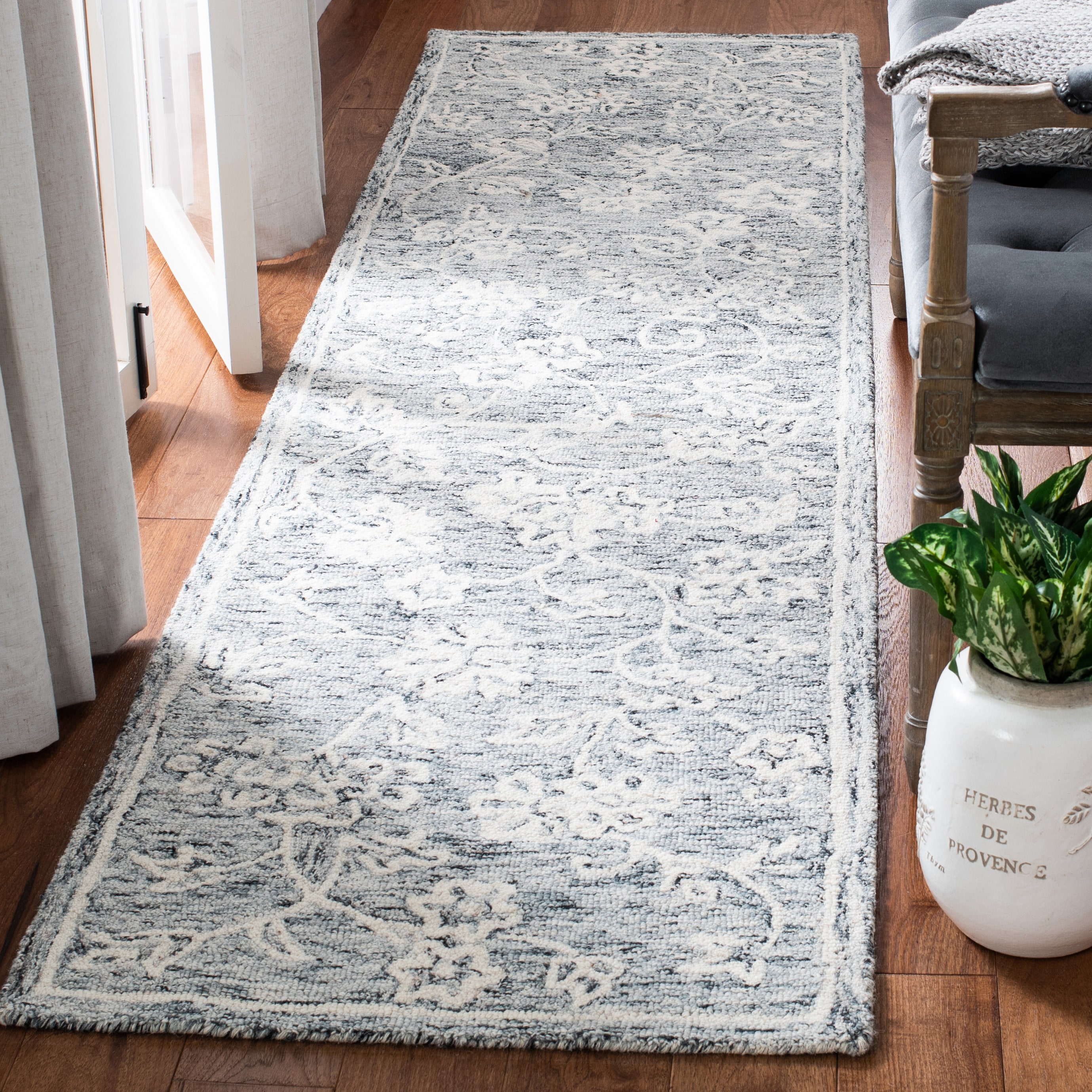 Ivory, Rust and Blue Hand Tufted Floral Farmhouse Wool Area Rug
