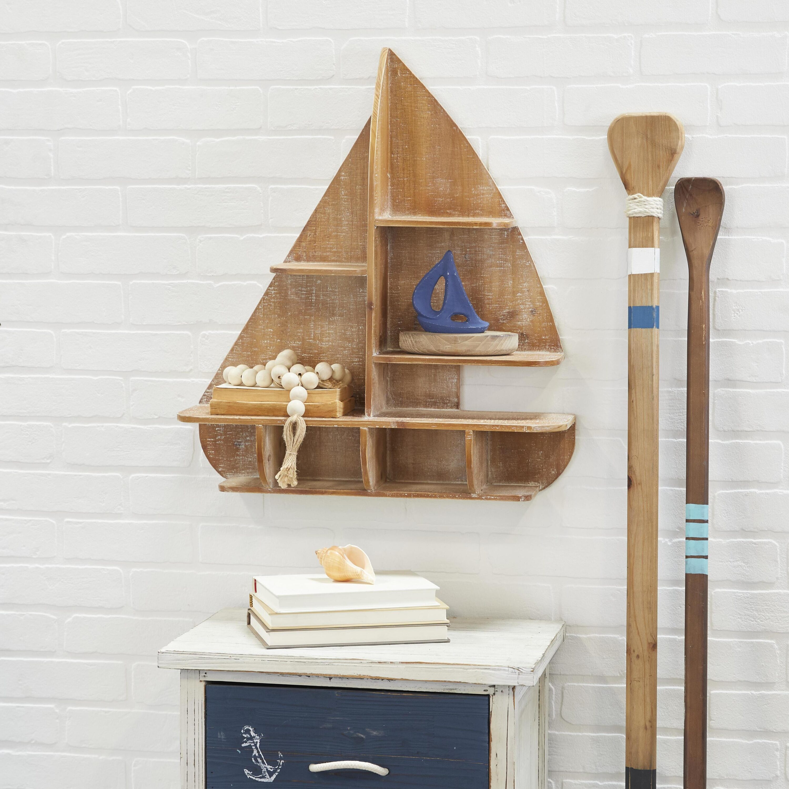Grayson Lane 87815 20.85-Inches L x 5.95-Inches D x 23.65-Inches H Brown Boat Shaped 8 Cubbies Wood Triangle Tiered shelf 5 Decorative Shelves