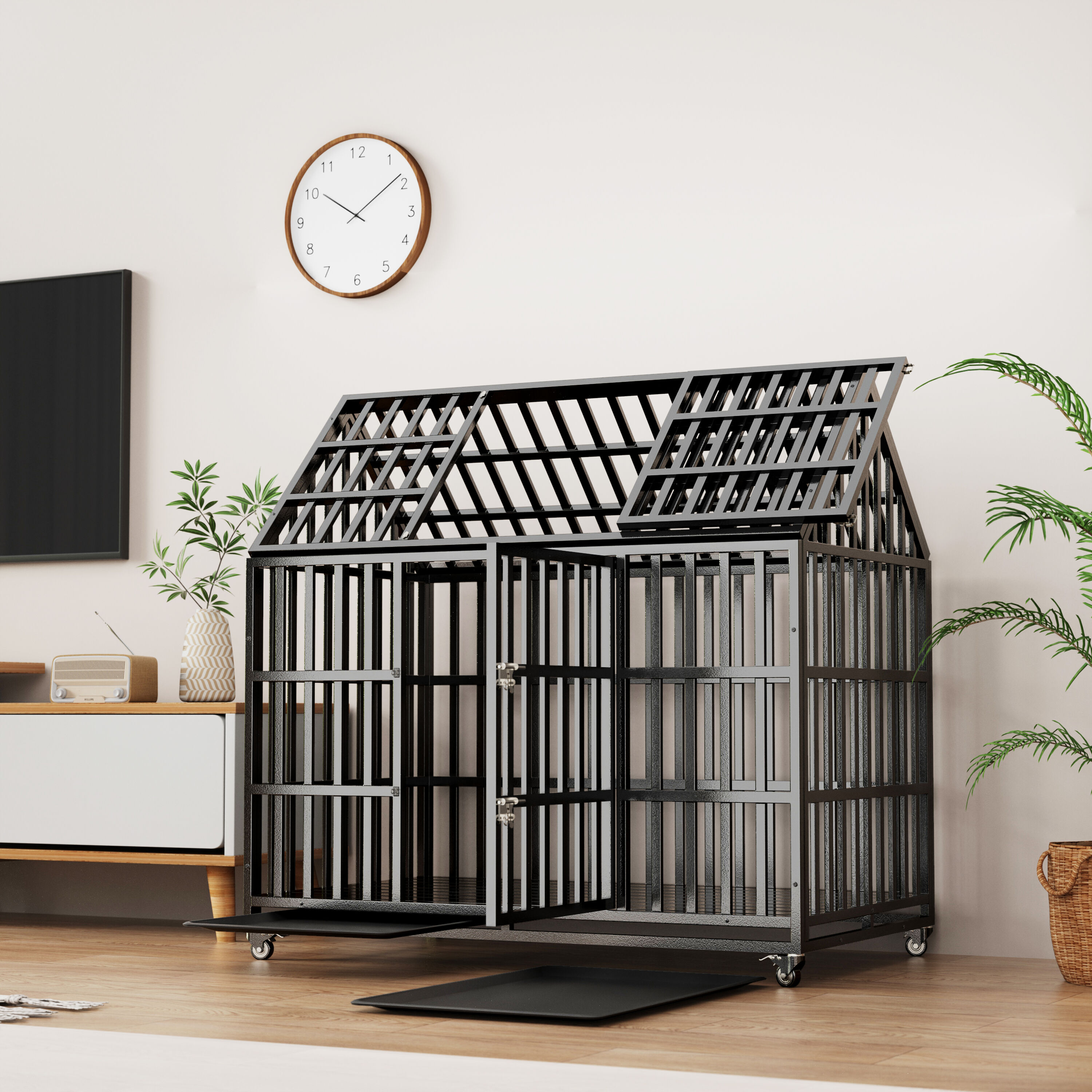 JUSHUA 55inch Heavy Duty Dog Crate Large Metal Kennel with 4 Lockable Wheels for Big Dogs