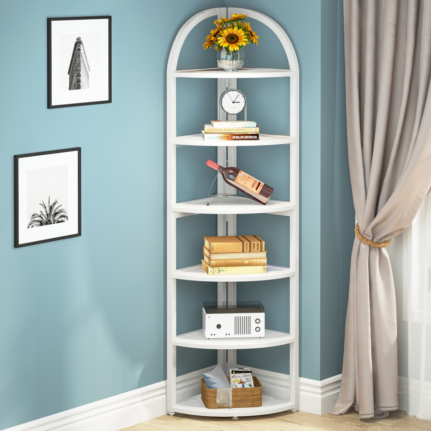 Tribesigns White and Gold Metal 6-Shelf Corner Bookcase with Doors (15.75-in W x 73.22-in H x 15.75-in D) Unfinished | HOGA-NY051