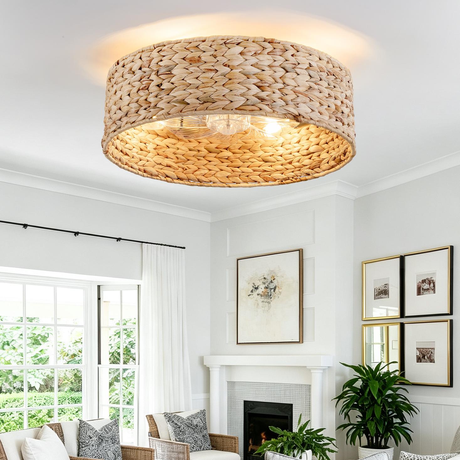 Shinevoy 19-in Round Woven Rattan Ceiling Fan Light Hidden ABS Blades Bluetooth App Remote 6 Speed Reversible Quiet Energy Saving DC Motor for Bedroom Living Room