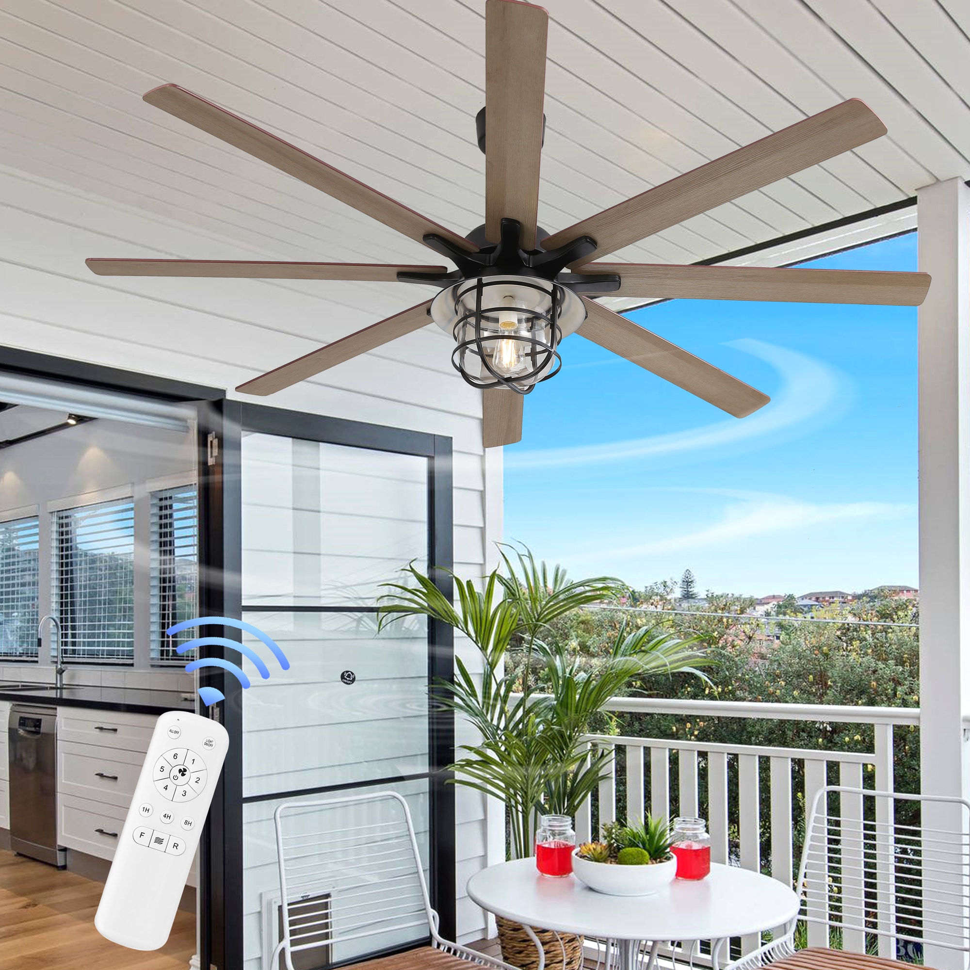 Sunrinx MG9-CF-17 66-in Outdoor Brown with Brown Blades Ceiling Fan With Light and Remote ( 8 -Blade )
