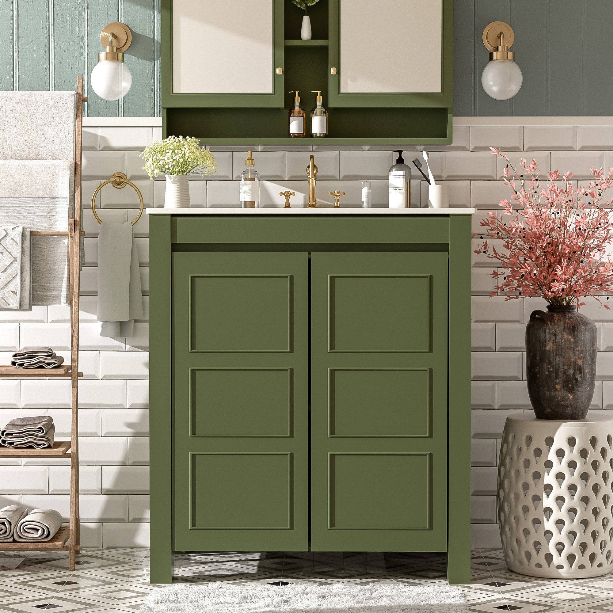 ModernLuxe L3P-N729P290712F 30inch Farmhouse Bathroom Vanity with Ceramic Sink SoftClose Door Adjustable Shelf Olive Green Storage Cabinet Modern Wood Frame Spacious Design and EasytoClean Surface