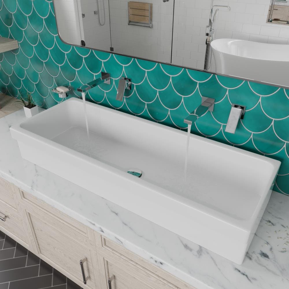 alfi brand white fire clay vessel rectangular trough modern bathroom sink  (47.4-in x 17.75-in)