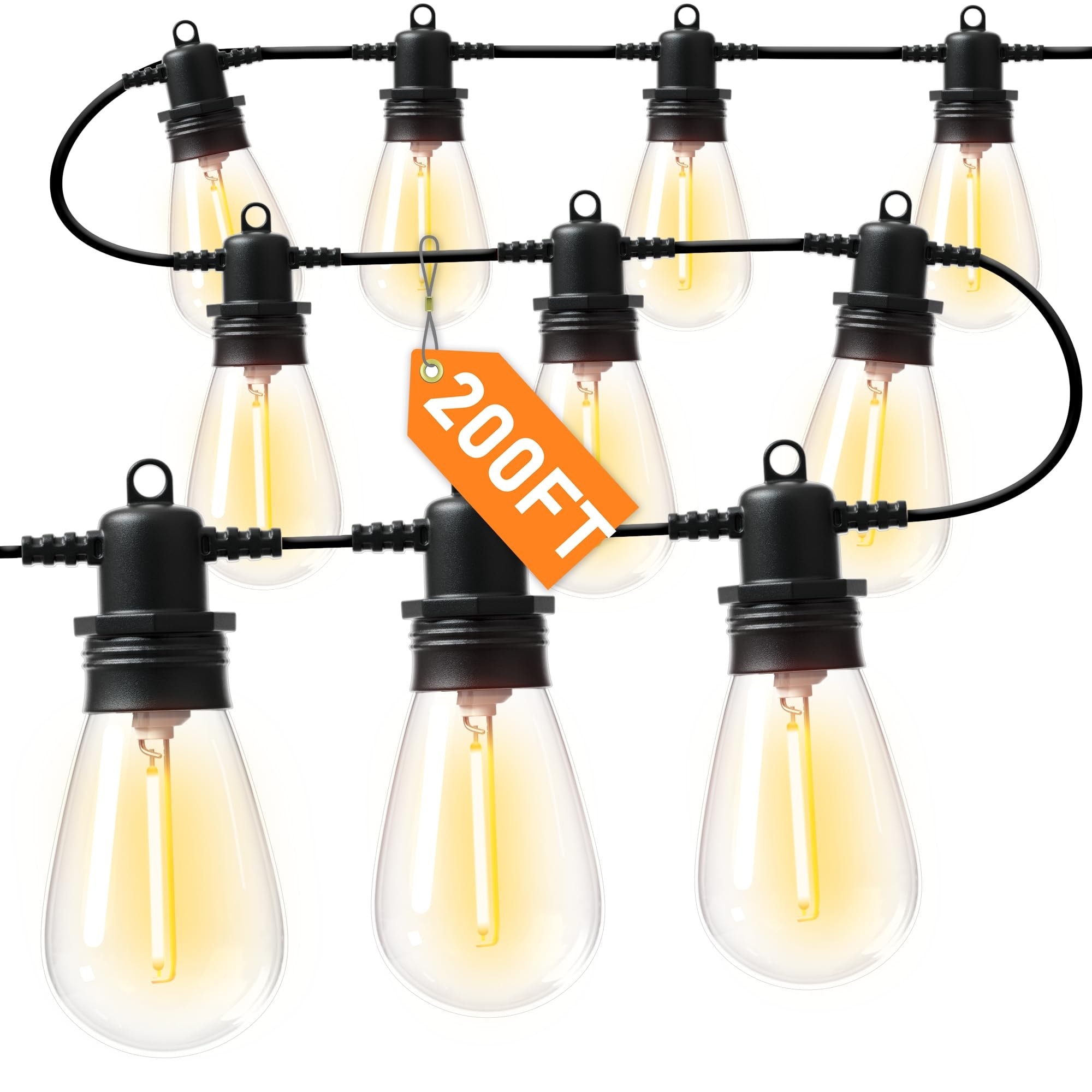 Afoxsos  200FT LED Outdoor String Lights 60 Piece Edison Shatterproof IP65 Waterproof Bulbs 2700K Dimmable Commercial Grade Patio Lighting Heavy