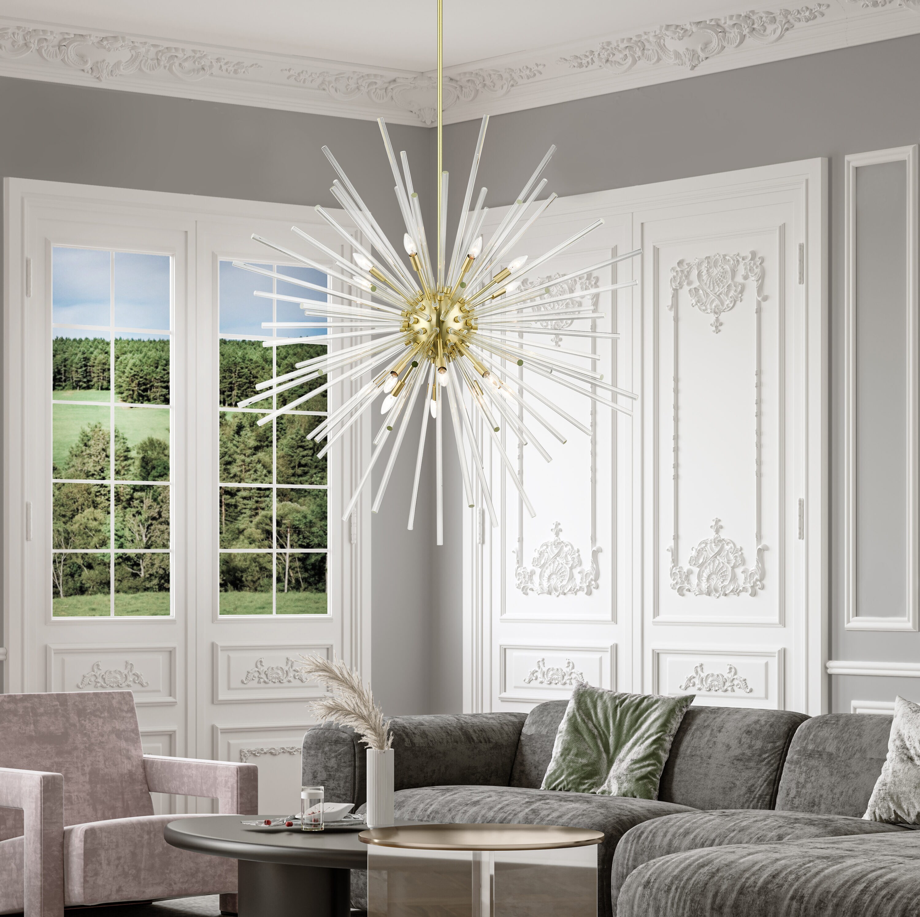Satin Brass Elegance 16-Light Chandelier with Clear Crystal Rods