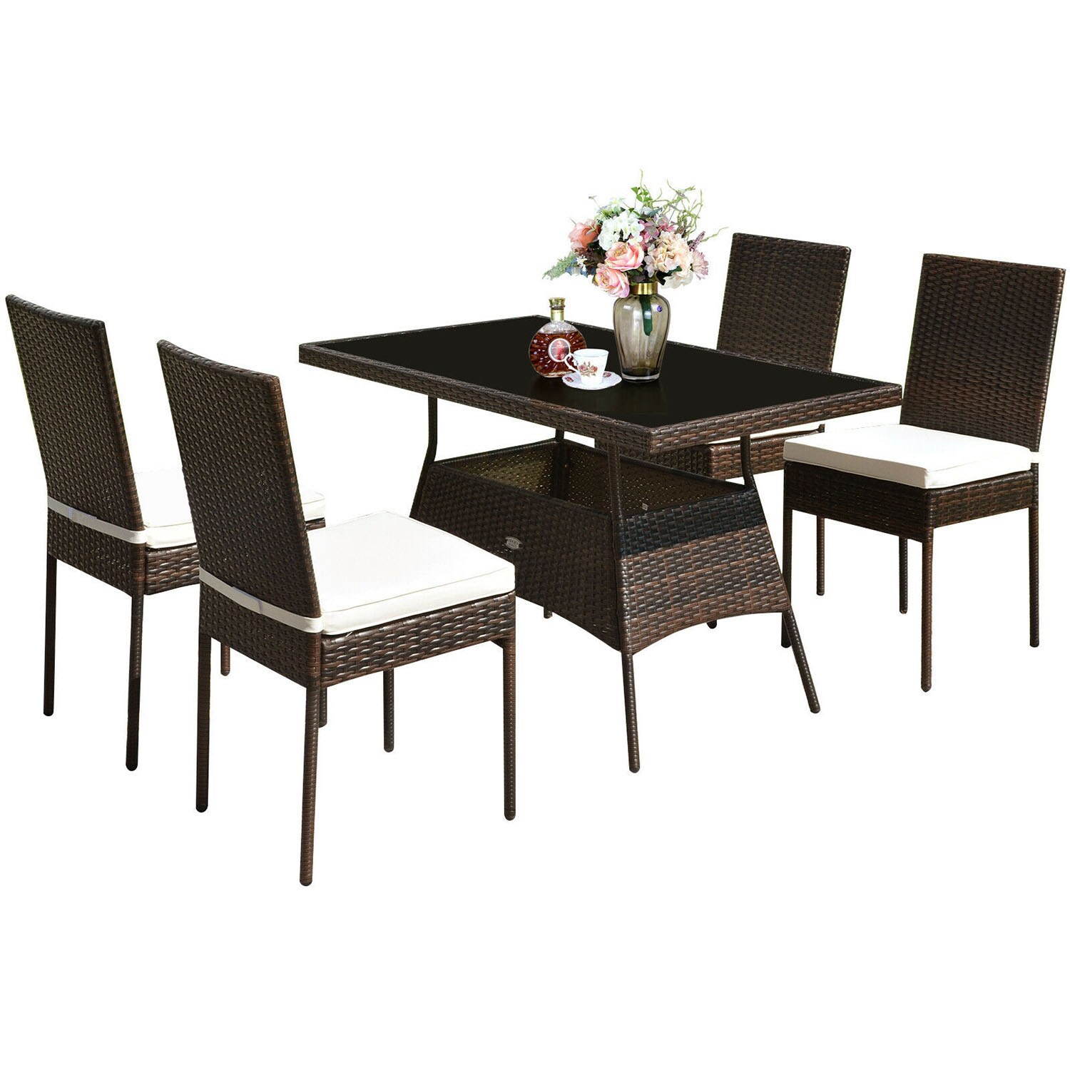 5-Piece Brown Rattan Patio Dining Set Rattan Rectangle Table with 4 White Cushions Stationary Chairs | - Clihome CL-66855C+