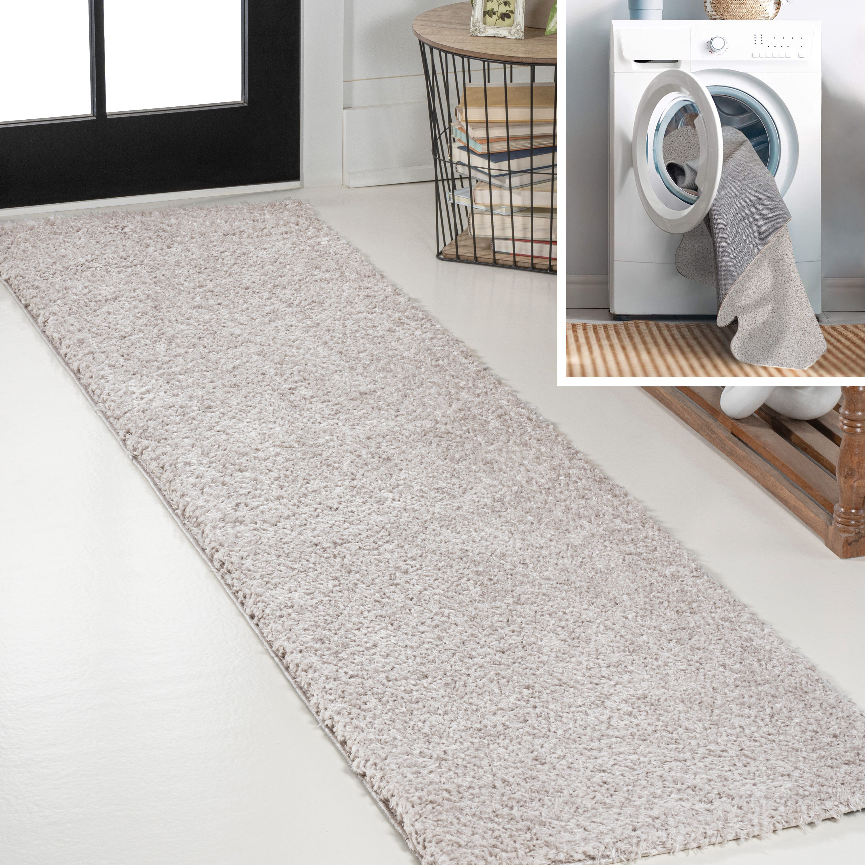 JONATHAN  Y WSH400C-28 WASHABLE Clayton Coastal Solid Glam Shag 2 x 8 (ft) Loomed Polyester Light Gray Rectangular Indoor Solid Coastal Machine washable Runner rug