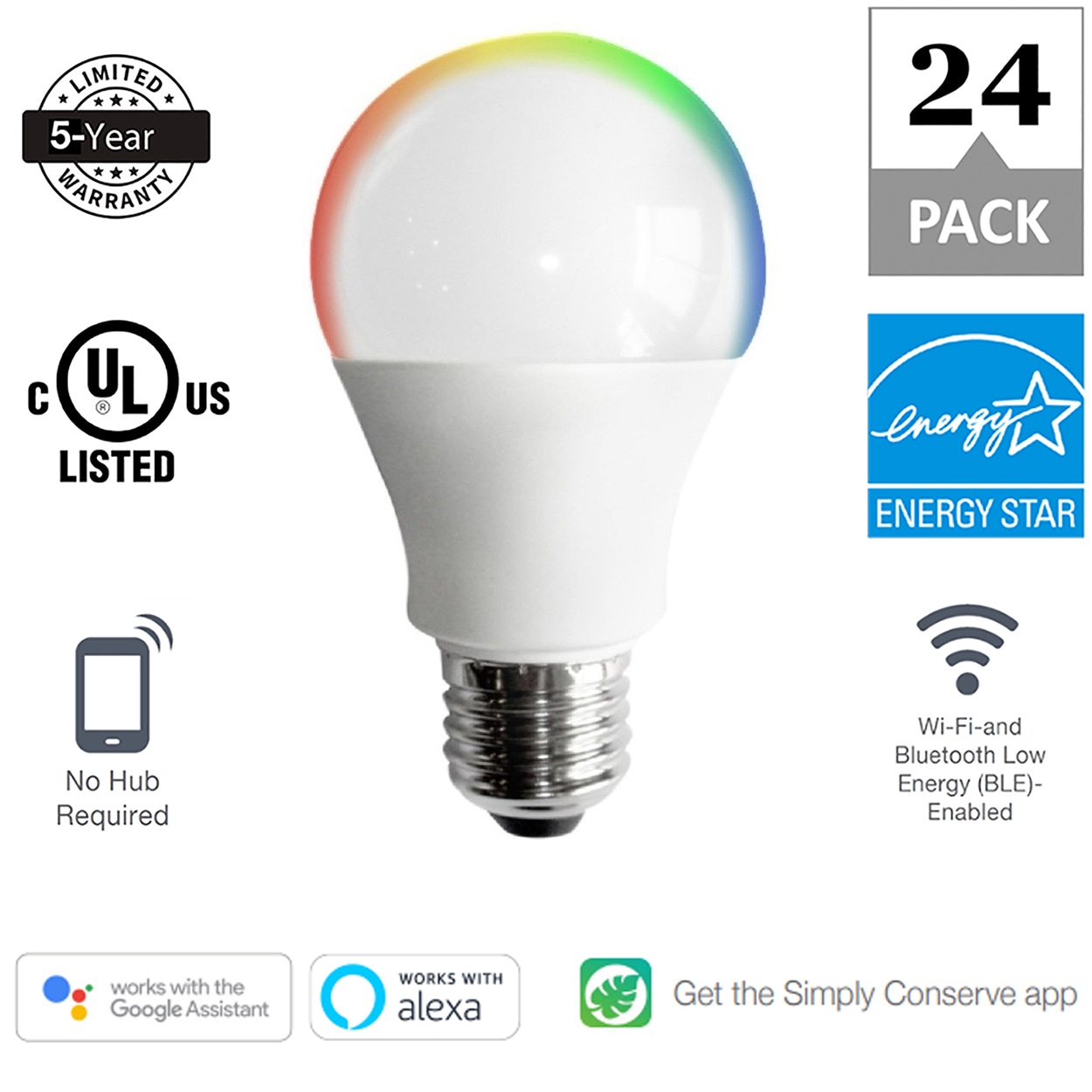 Simply Conserve ENERGY STAR Smart Wifi and Bluetooth A19 LED 60-Watt EQ A19 Tunable White Medium Base (e-26) Dimmable LED Light Bulb (24-Pack) in the General Purpose LED Light Bulbs department