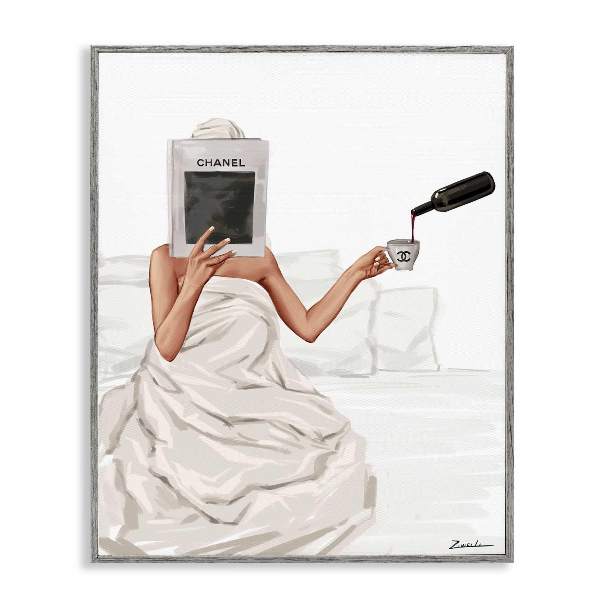 Stupell Industries BT-190-GFF-11X14 Pouring Drink in Bed Gray Framed Giclee Art By Ziwei Li 11 x 14