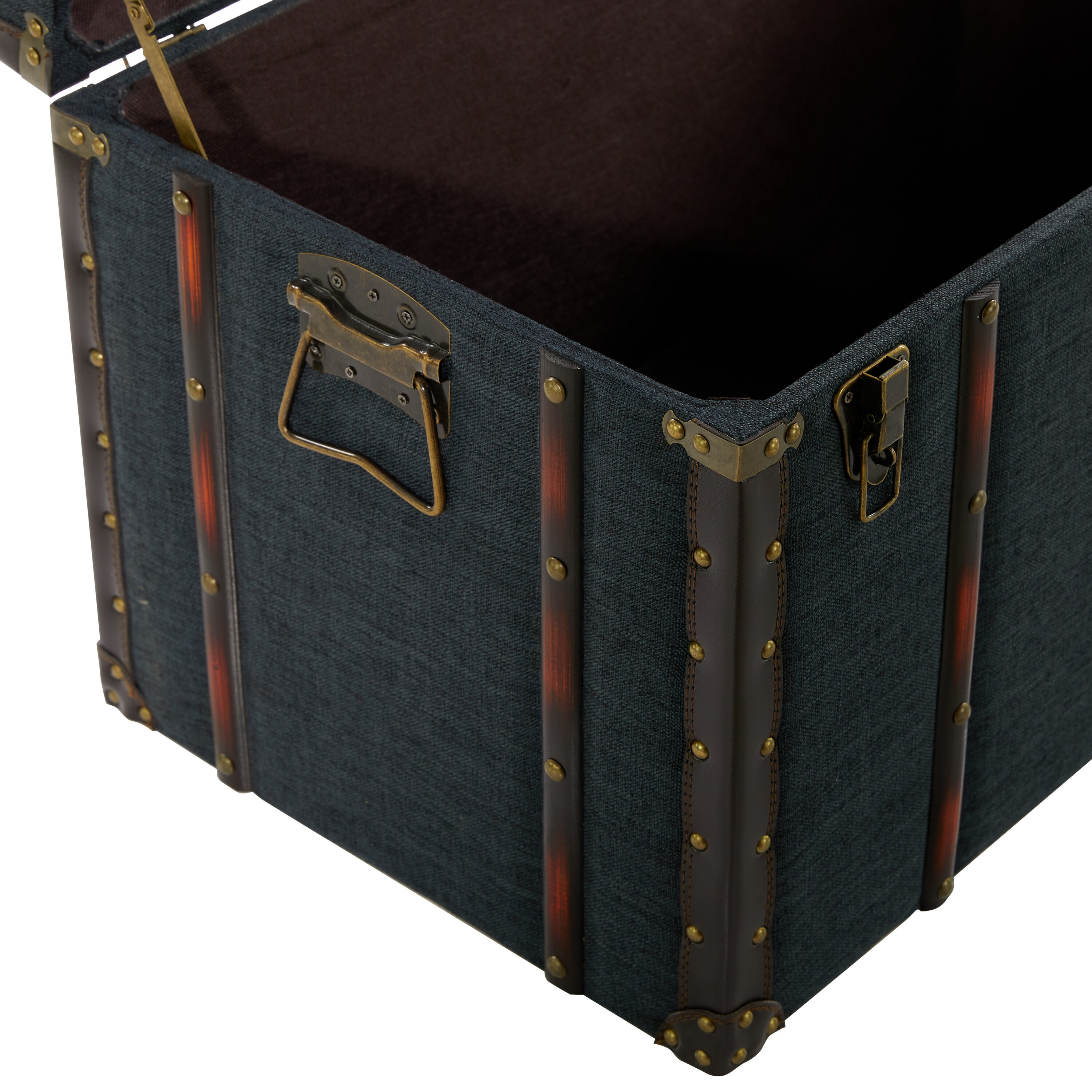 Blue Linen and Brass Accented Nesting Storage Trunks, Set of 3