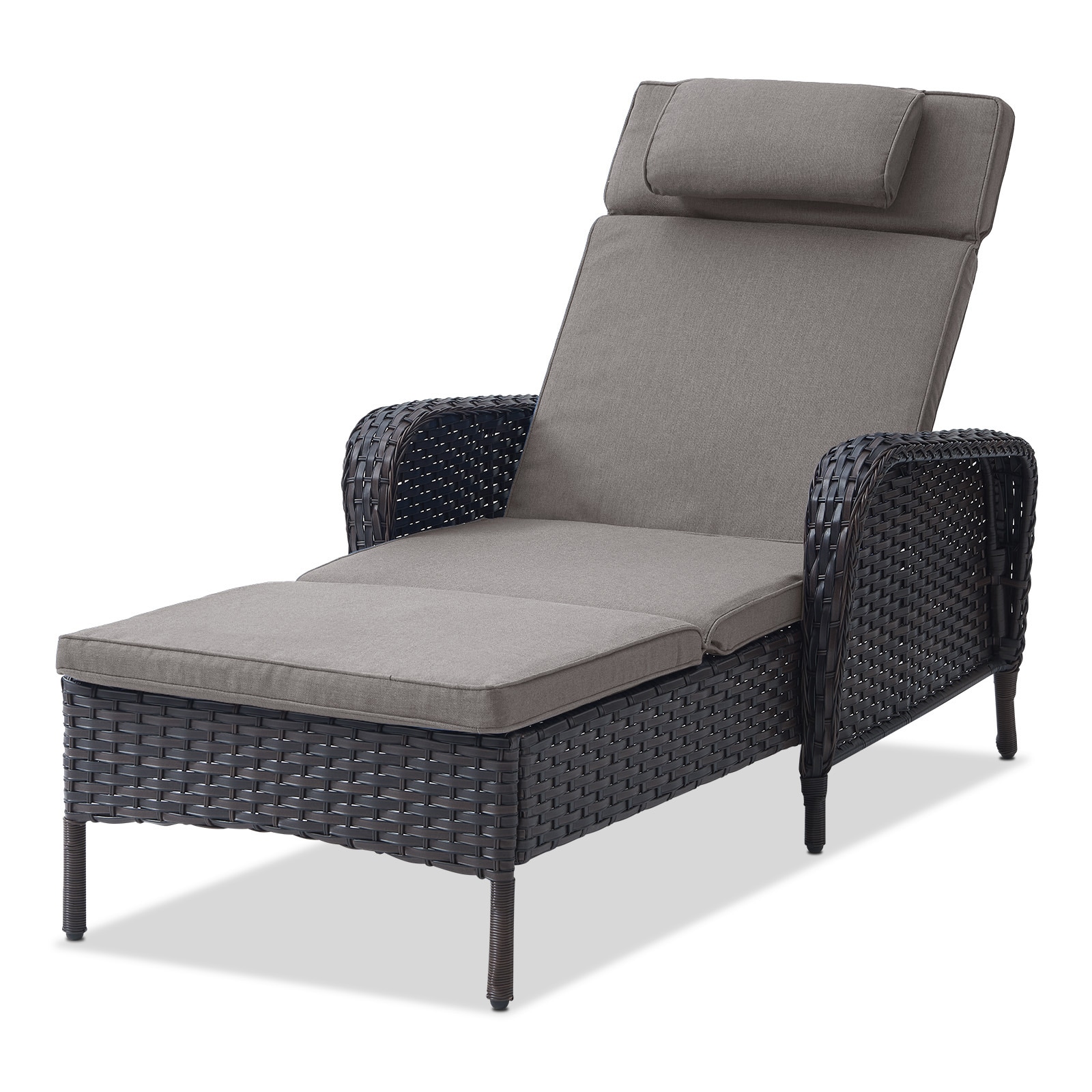 Rilyson FS140-3 Curved handrail Wicker Gray Wicker Frame Stationary Chaise Lounge Chair with Gray Cushioned Seat