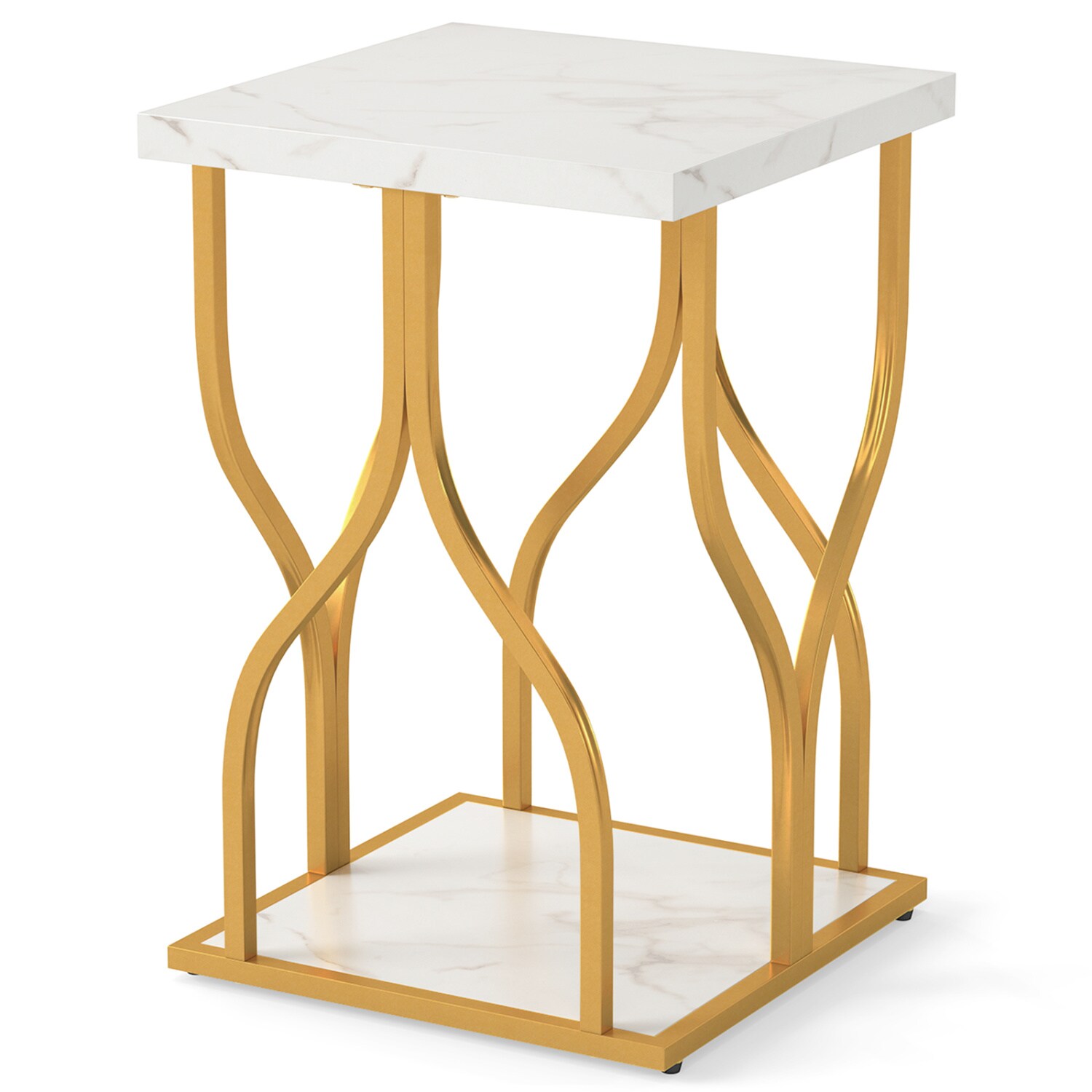 Slickblue 15.5 in W x 23.5 in H White and Gold MDF Metal Square Modern End Table Two Tier Integrated Storage Assembly Required For Bedroom Living Room Study