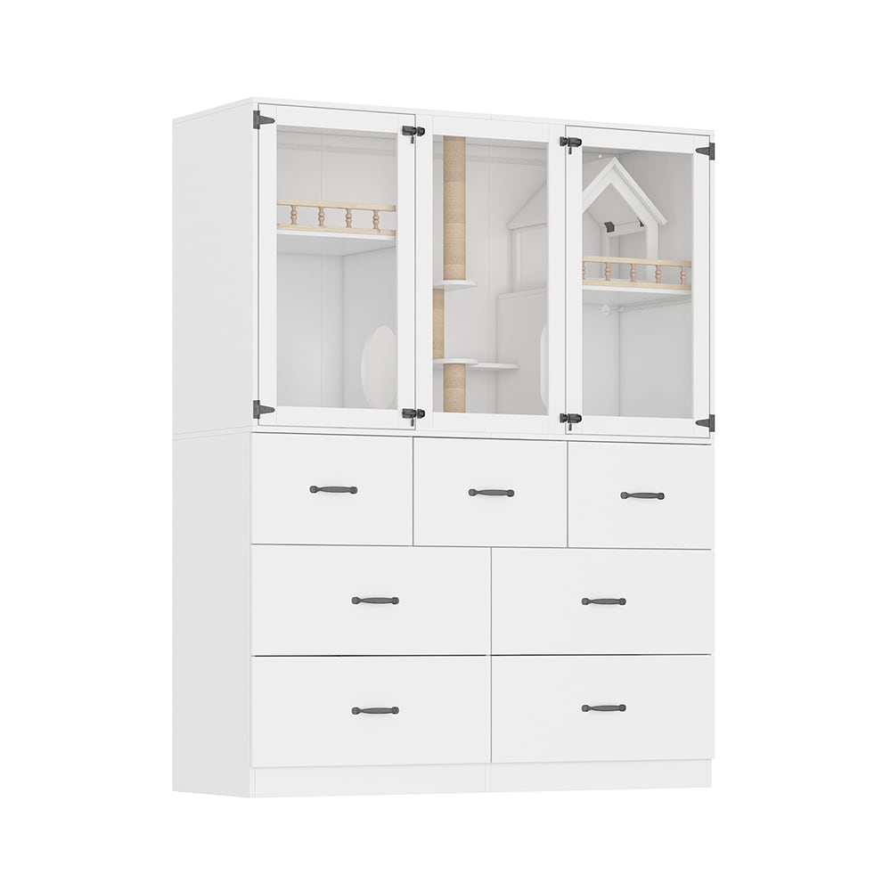 Homsee C-KF180197-01+02 All-White Multi-functional Cat Cabinet with Glass Viewing Panels 7 Storage Drawers and Built-in Cat Play Area