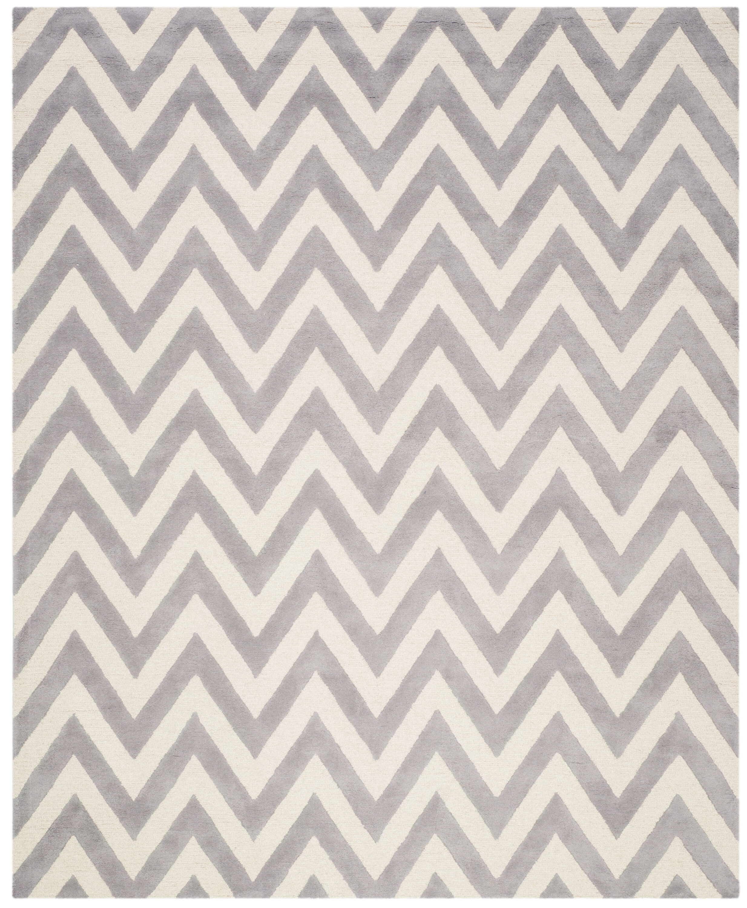 Silver and Ivory Hand-Tufted Wool Zig Zag 8' x 10' Area Rug