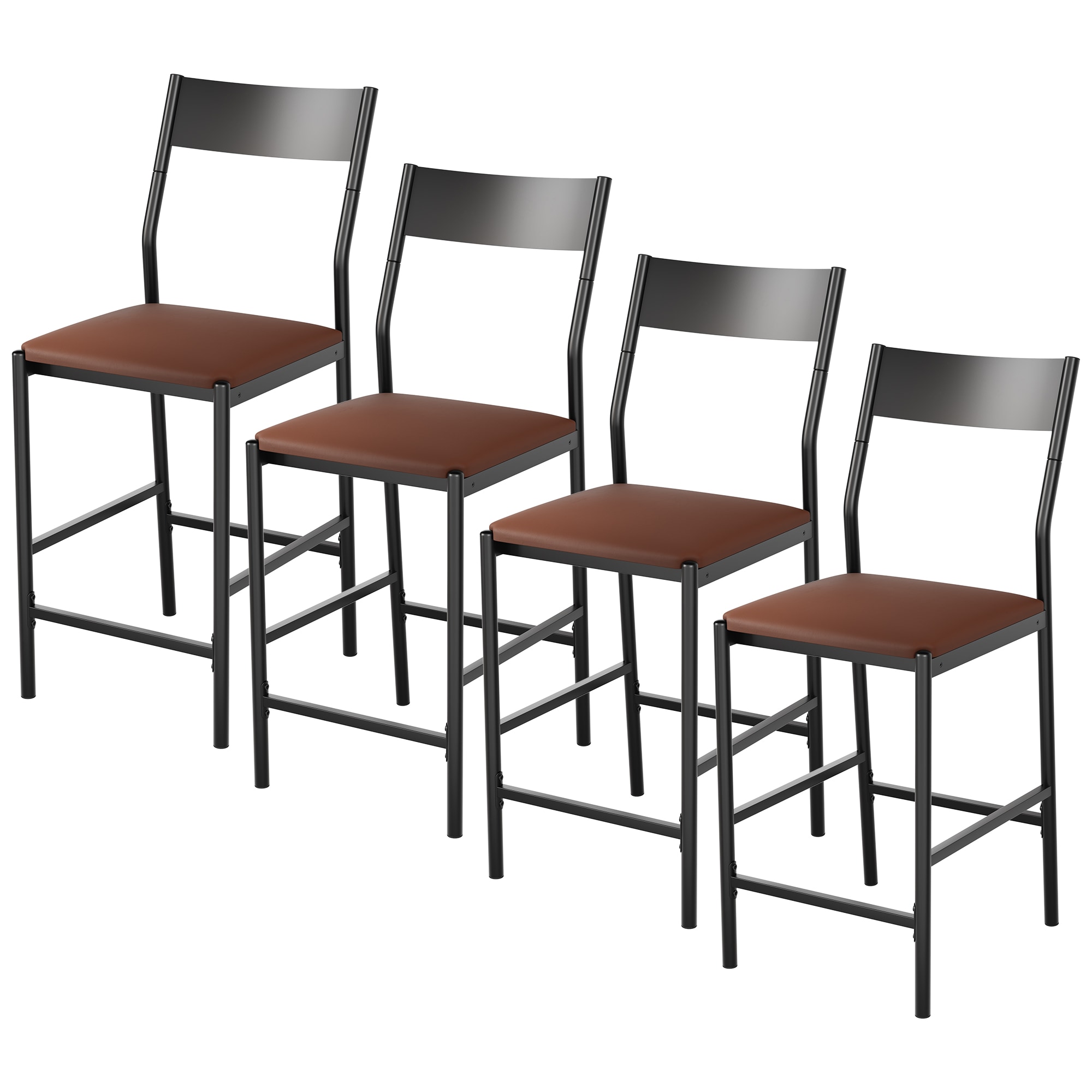 IdealHouse Modern PU Leather Outdoor Bar Stools 24 in Counter Height Curved Iron Backrest and Footrest Upholstered 300 lbs Capacity Brown Patio Chairs Set of 4 #LW-JAS-4B7R