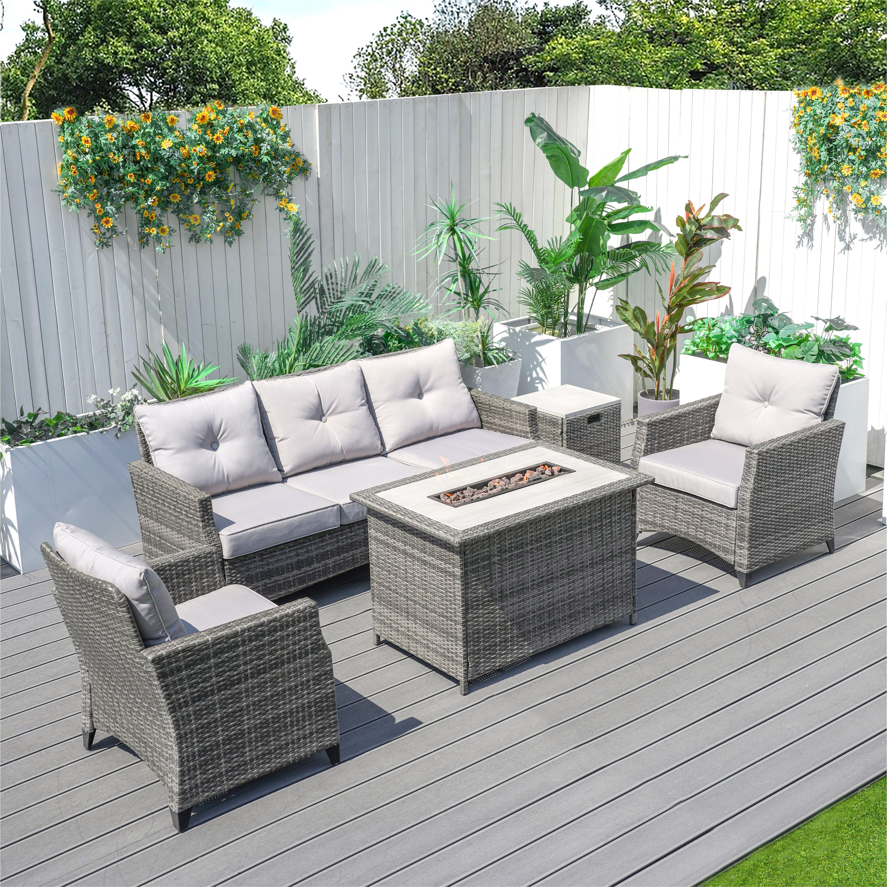 Moda Furnishings PAF-1802H-P 5 -Piece Wicker Patio Sofa Conversation Set with Gray Cushions
