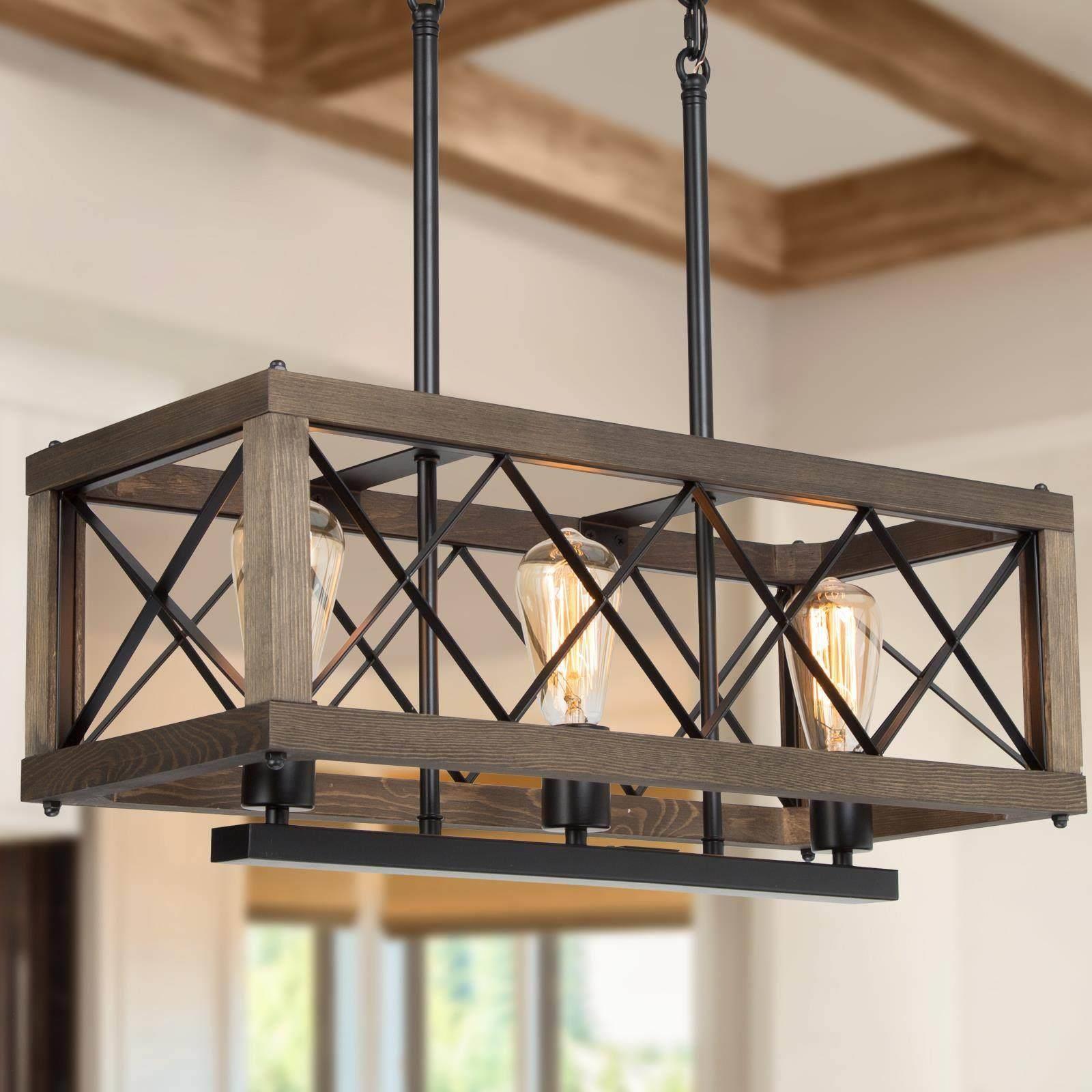 LNC Laius 3-Light Matte Black and Brown Wood Grain Rustic LED Dry Rated ...
