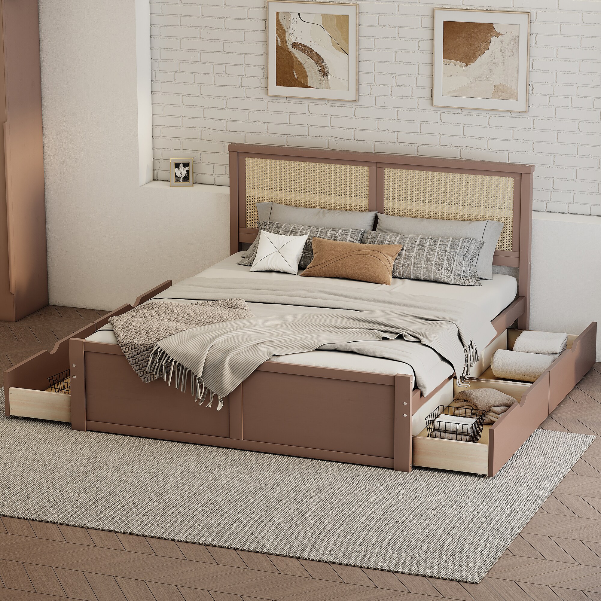 ModernLuxe GX000385AAZ Full Size Wood Storage Platform Bed with 4 Drawers Rattan Headboard Walnut