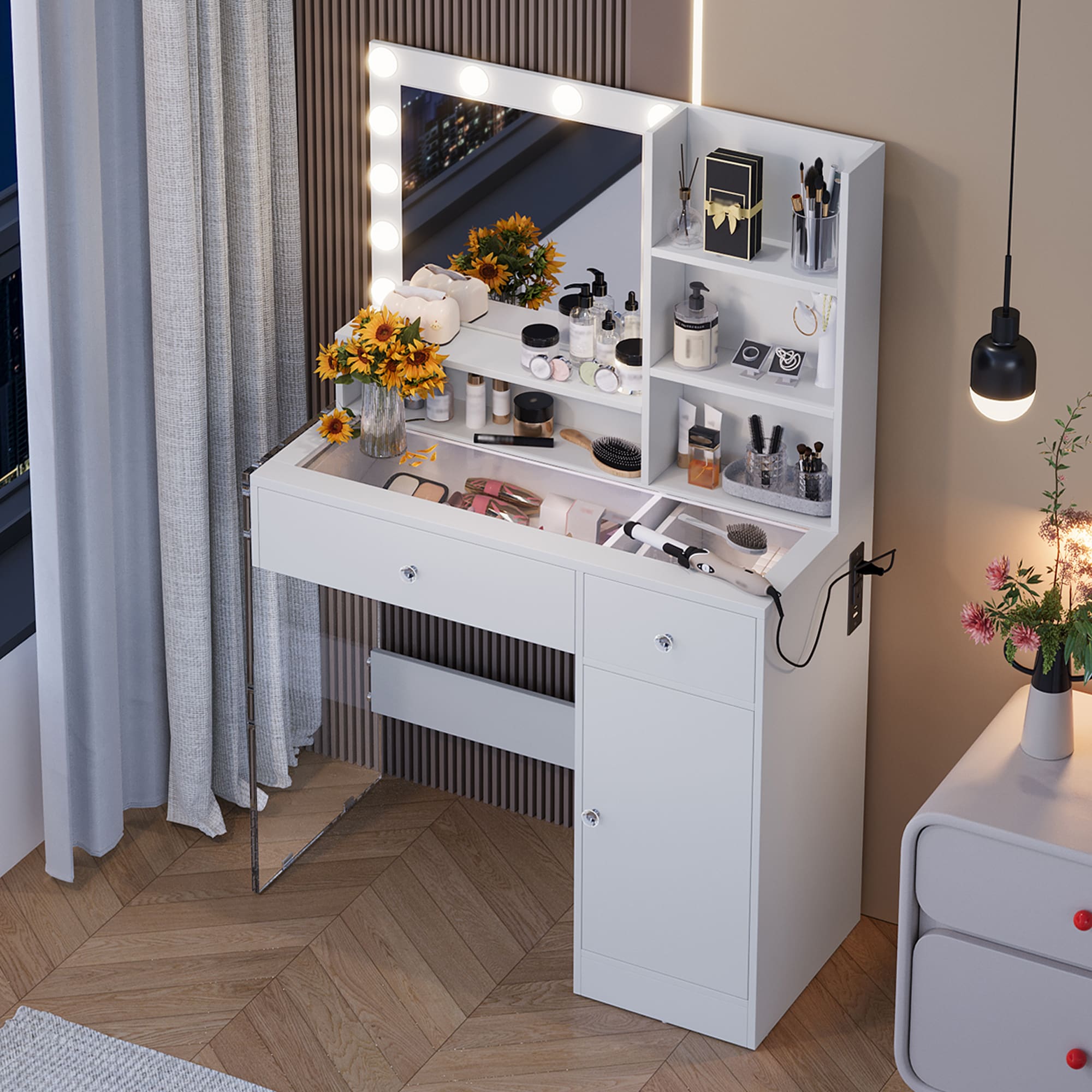ModernLuxe N704P281506K Vanity Desk with Mirror and 3 Lighting Modes Makeup Vanity with Glass Top and Storage Shelves Dressing Table with 2 Drawers and Cabinet White