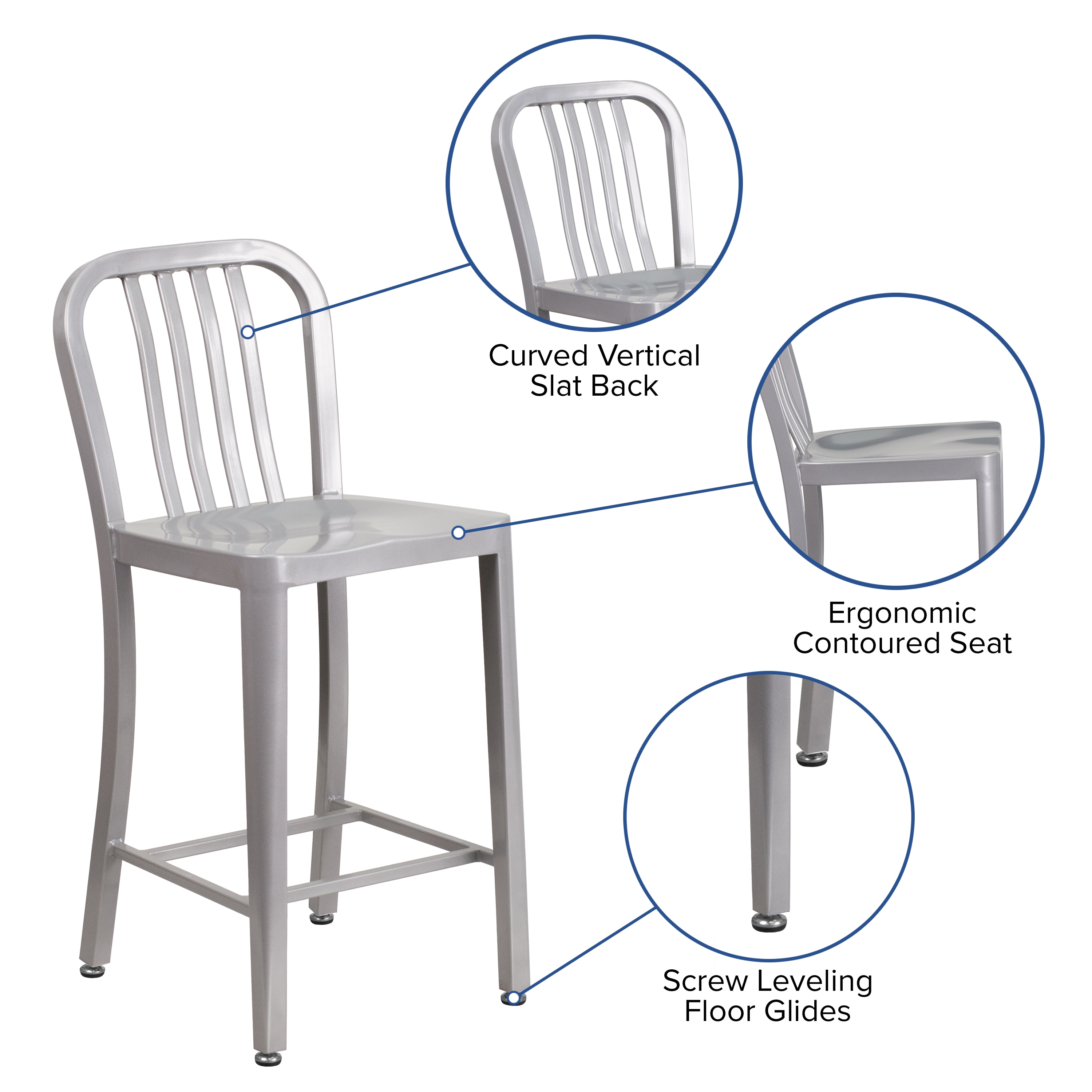 Silver 24" Metal Counter Height Stool with Vertical Slat Back
