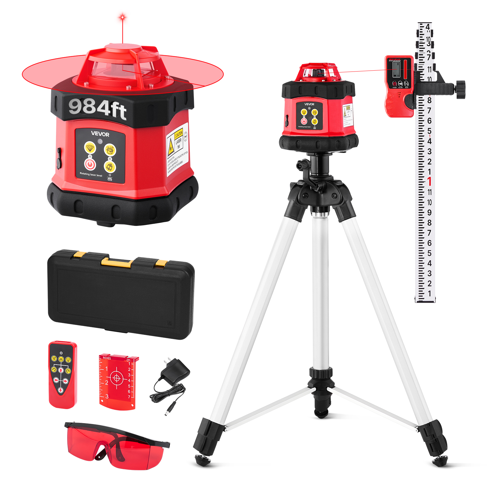 VEVOR Rotary Laser Level Kit. 984ft 360-Degree Self Leveling Red Horizontal Laser Transit,with Tripod,Receiver,Remote Control. Scale. Toolcase. IP54 Waterproof. 0.12in/100ft Precision for Construction