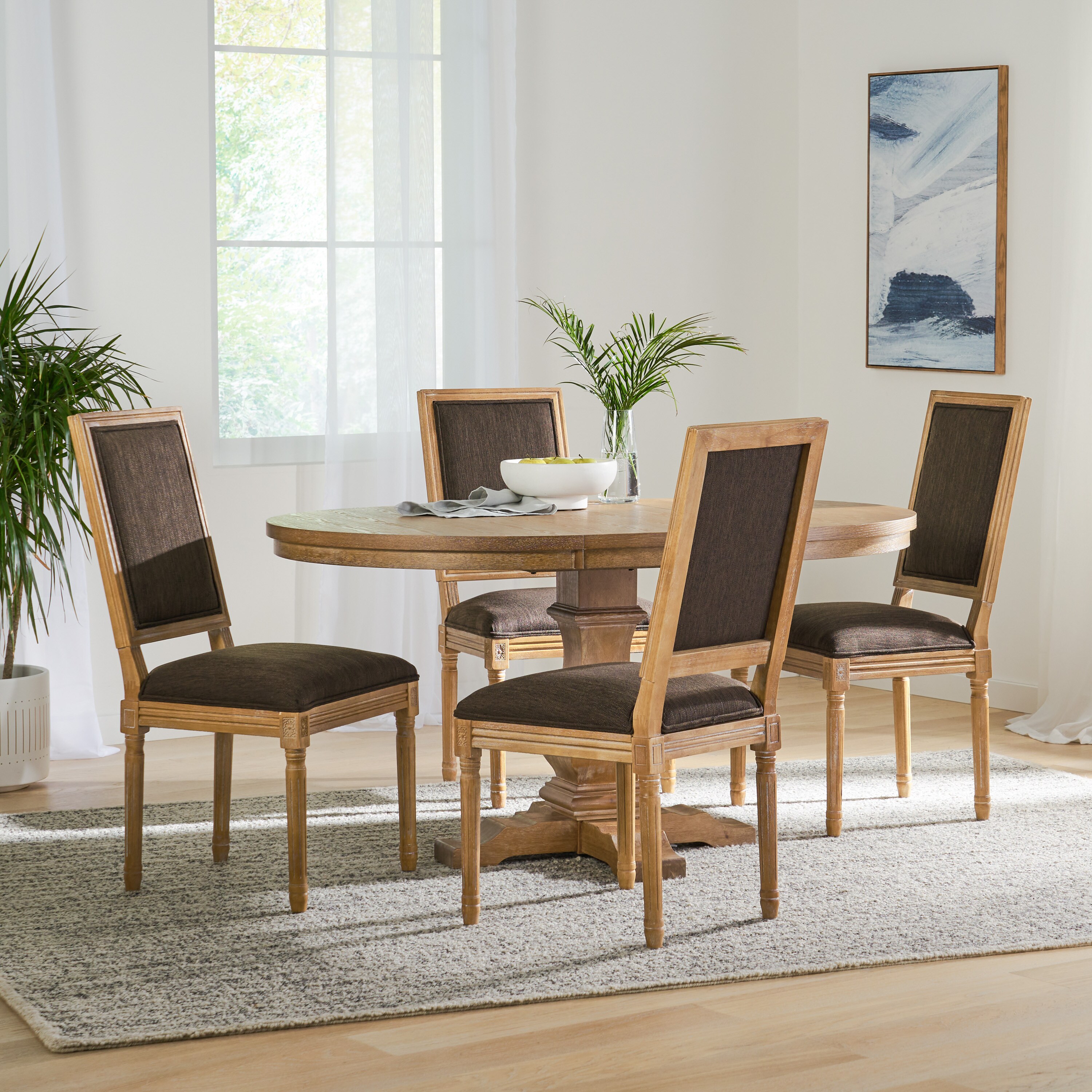 Christopher Knight Home 315564 Regina French Country Fabric Upholstered Wood 5-Piece Expandable Oval Dining Set Brown and Natural