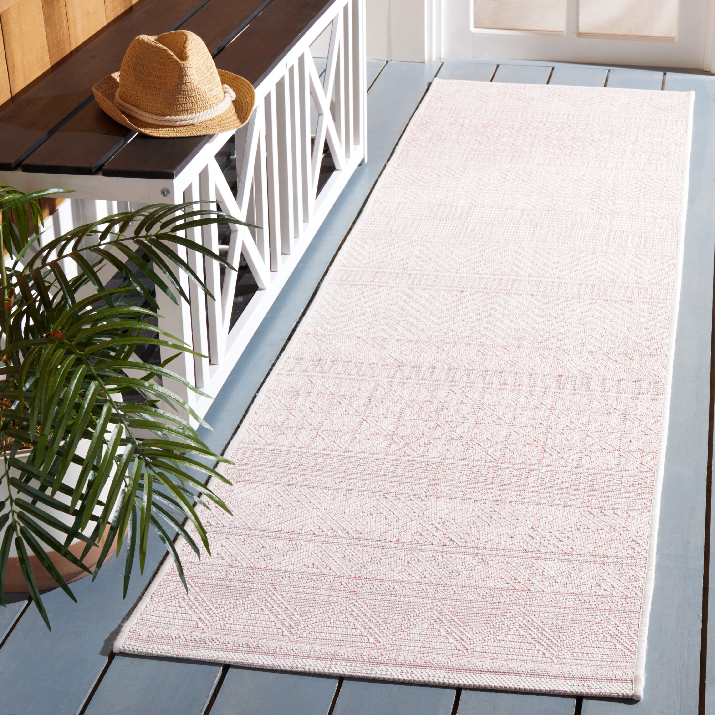 Safavieh CY8196-56212-28 Courtyard 2 x 8 (ft) Loomed Synthetic Ivory/Pink Rectangular Indoor/Outdoor Geometric Southwestern Runner rug