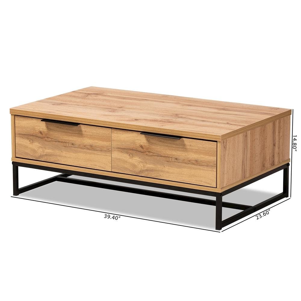 Baxton Studio Oak Brown Finished Wood and Black Finished Metal 2Drawer Coffee Table