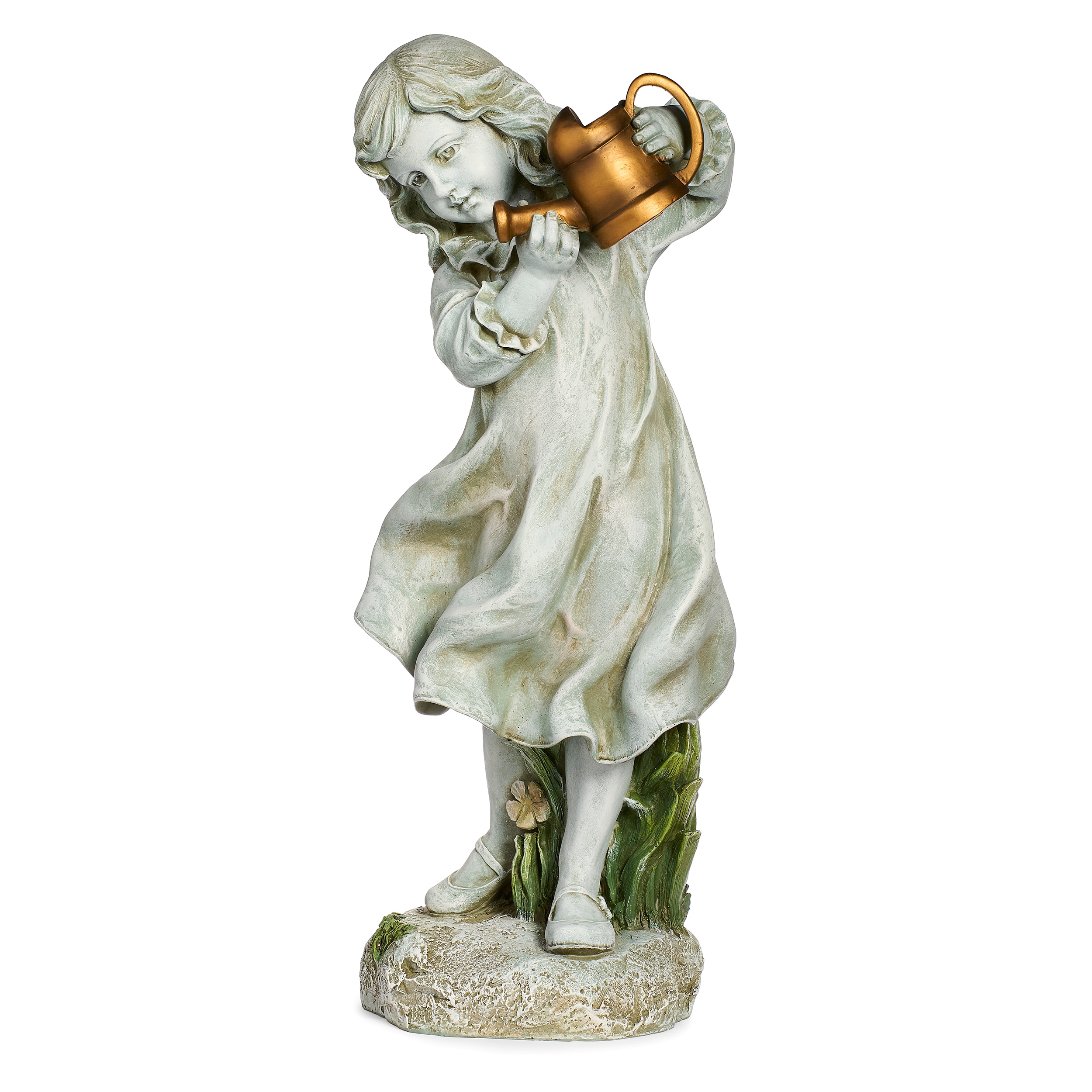 Gray Resin Girl with Bronze Watering Can Garden Statue