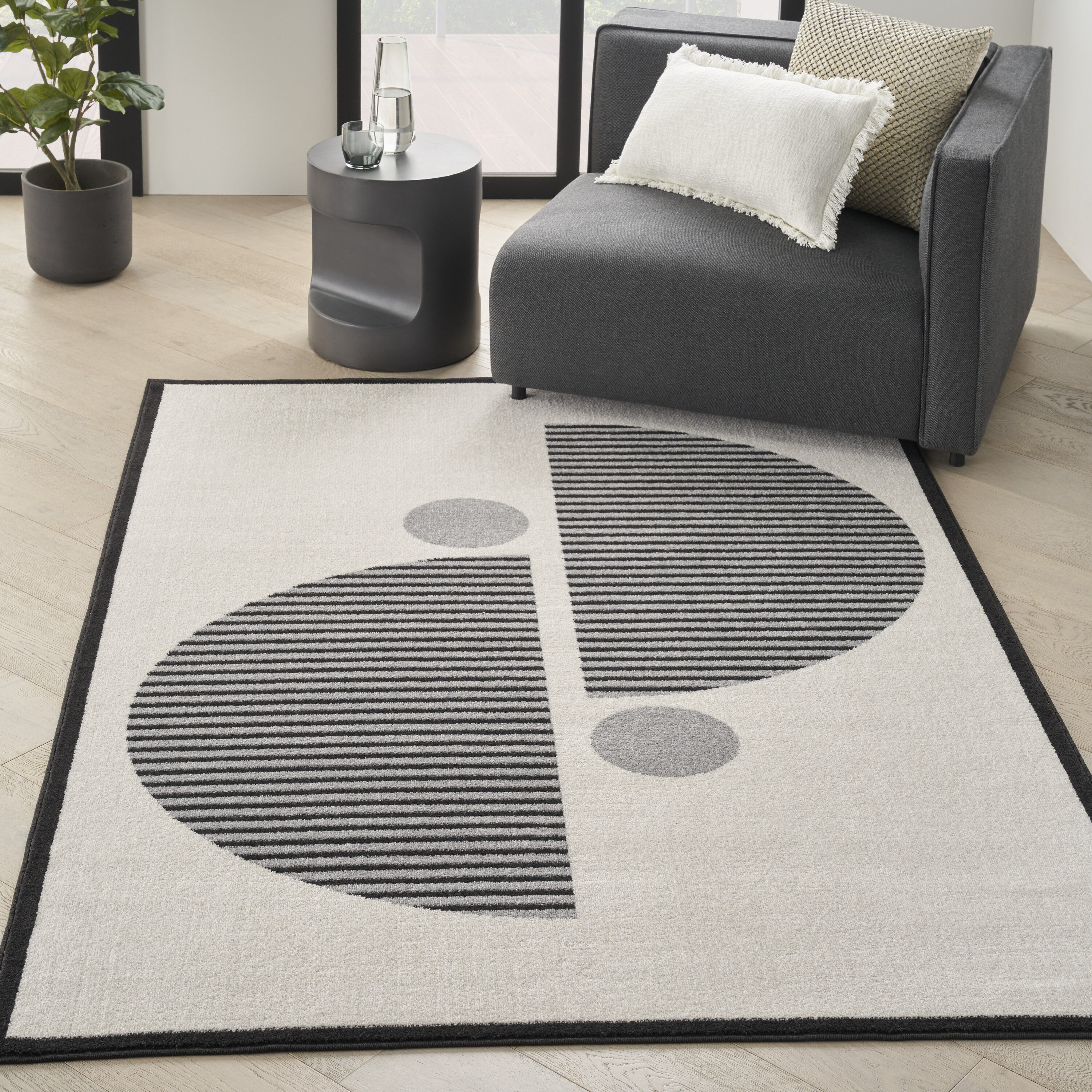 Nourison 099446107145 Modern Passion 5 x 7 (ft) Loomed Polypropylene Ivory/Black Rectangular Indoor Geometric Mid-Century Modern Area rug