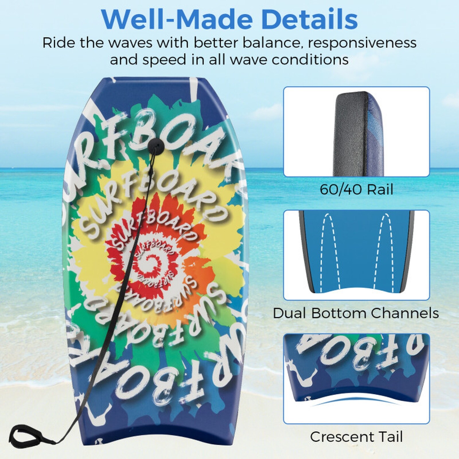 SUGIFT 37-in Lightweight Bodyboard Boogie Board with EPS Core XPE