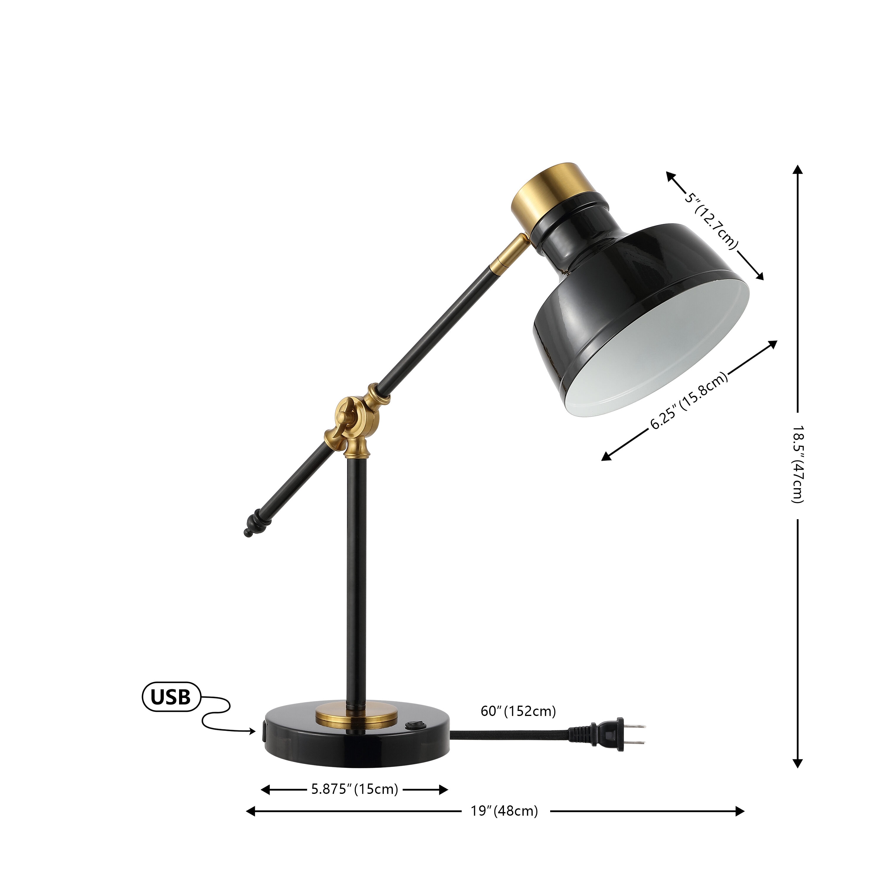Adjustable Black and Brass Gold Edison Task Lamp with USB Port